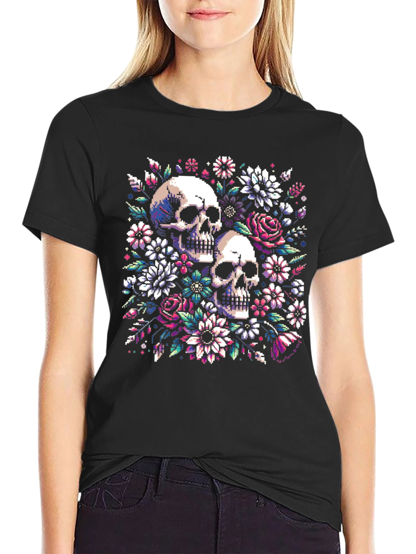 Floral Skull Pixel Art Black T-Shirt