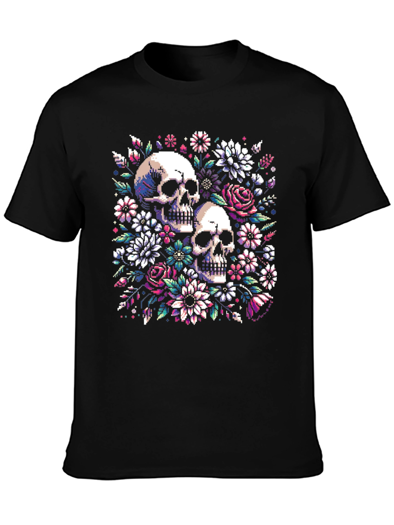 Floral Skull Pixel Art Black T-Shirt