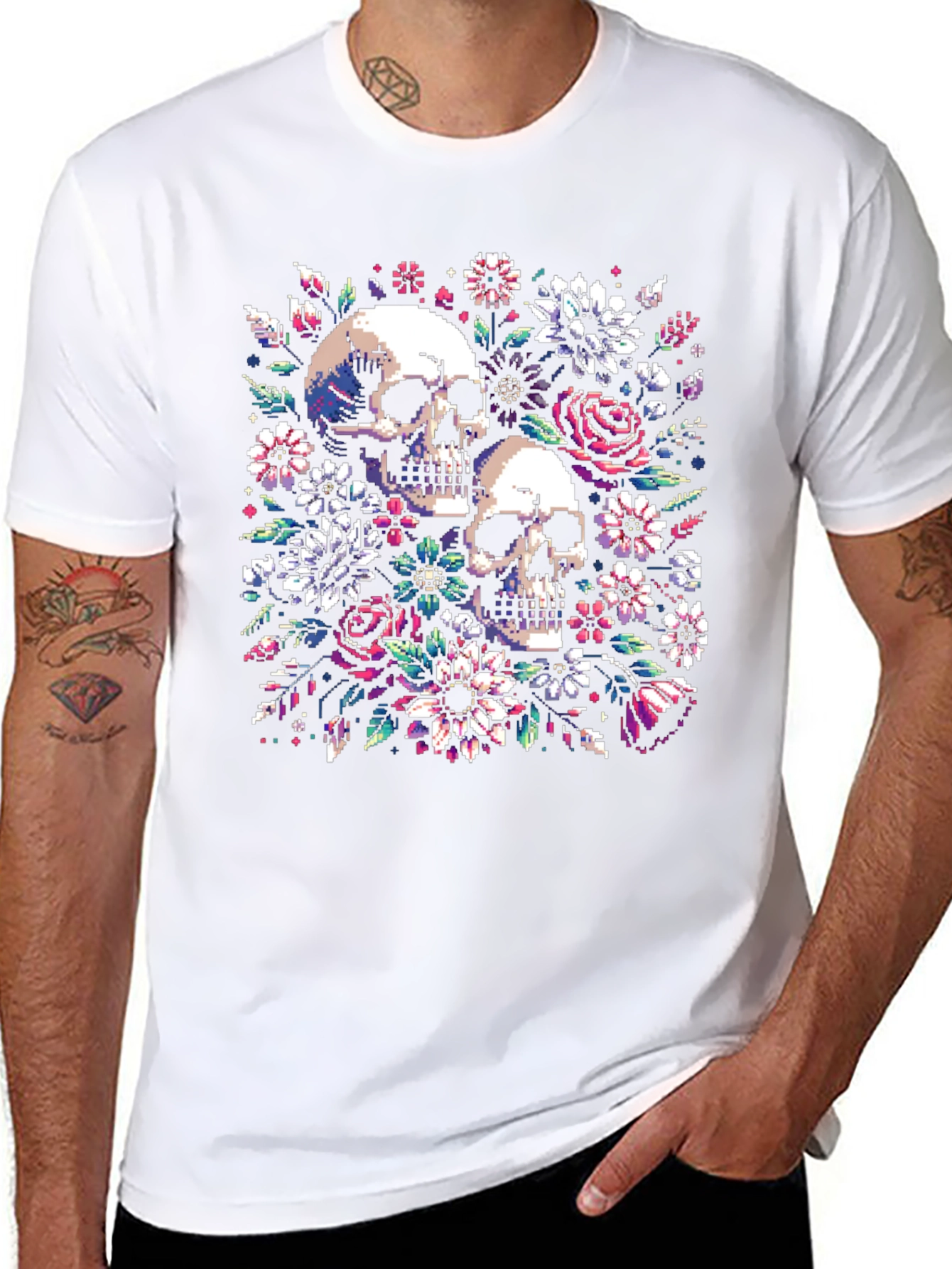 Floral Skull Pixel Art Black T-Shirt