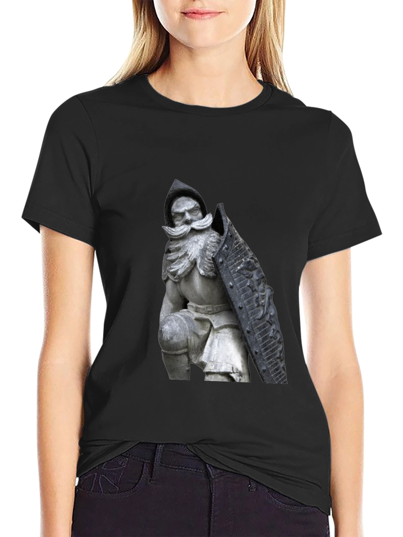 Black T-Shirt with Knight Statue Design