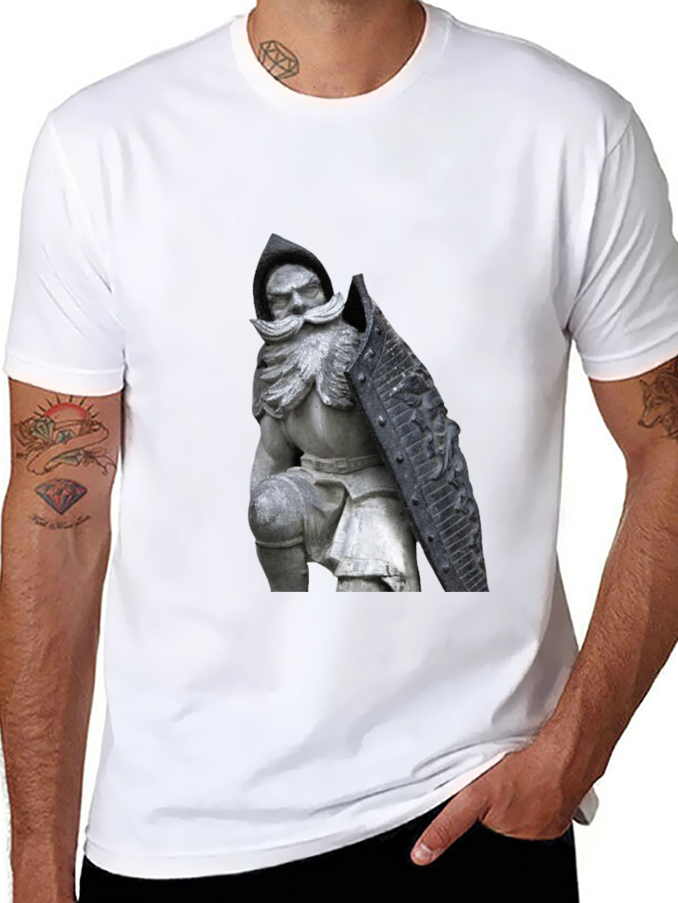 Black T-Shirt with Knight Statue Design