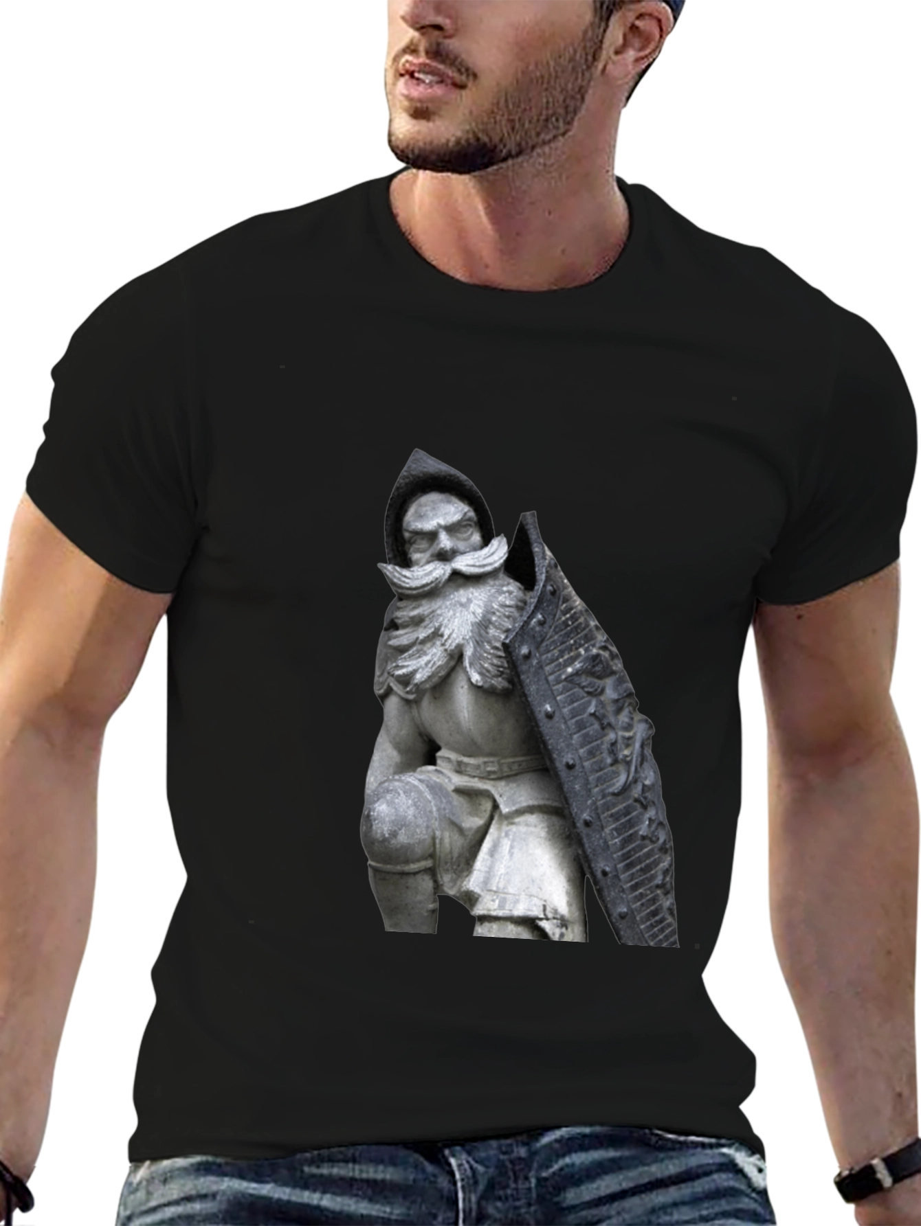 Black T-Shirt with Knight Statue Design