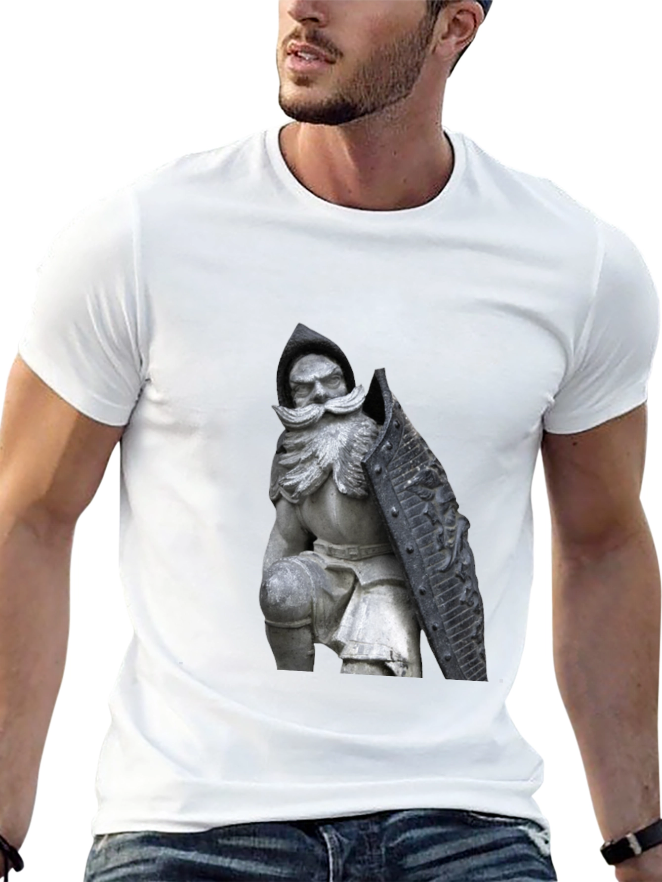 Black T-Shirt with Knight Statue Design