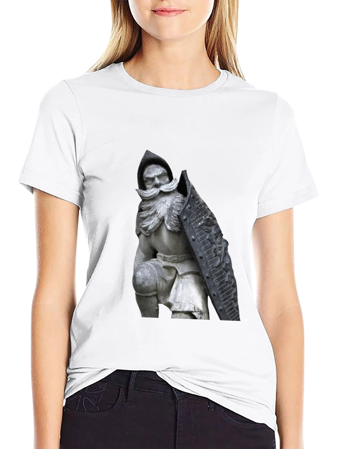 Black T-Shirt with Knight Statue Design