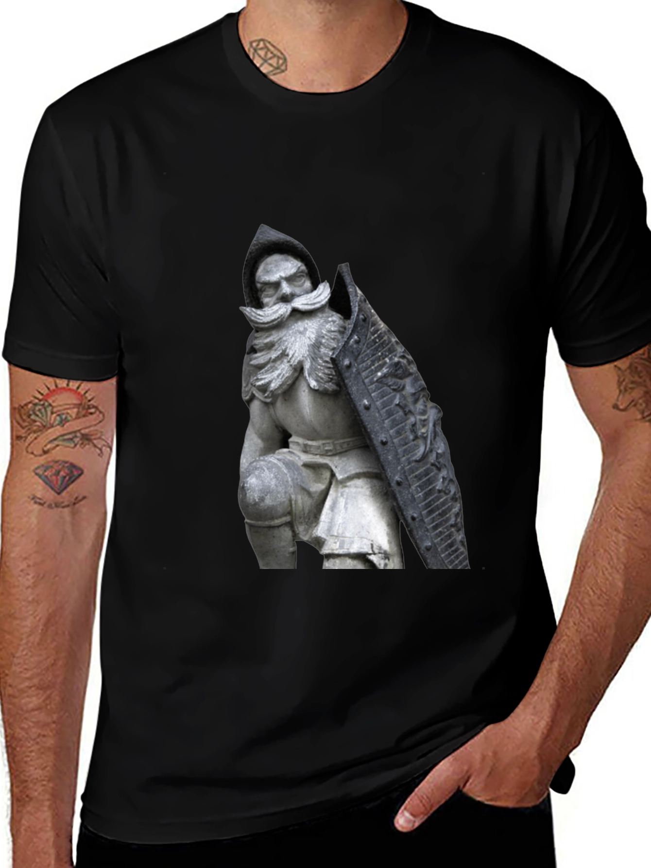 Black T-Shirt with Knight Statue Design