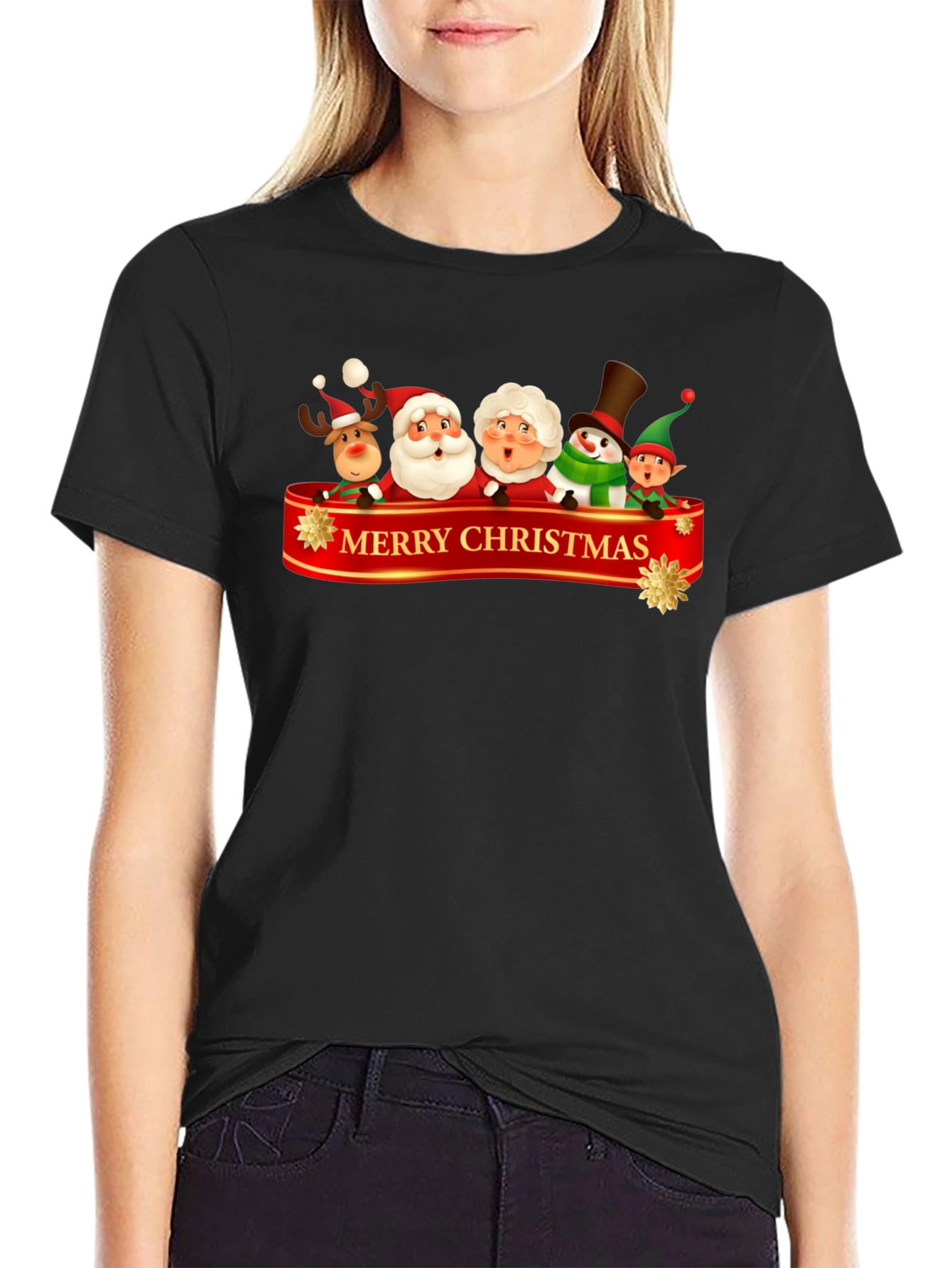 Merry Christmas Cartoon Graphic Black T-Shirt