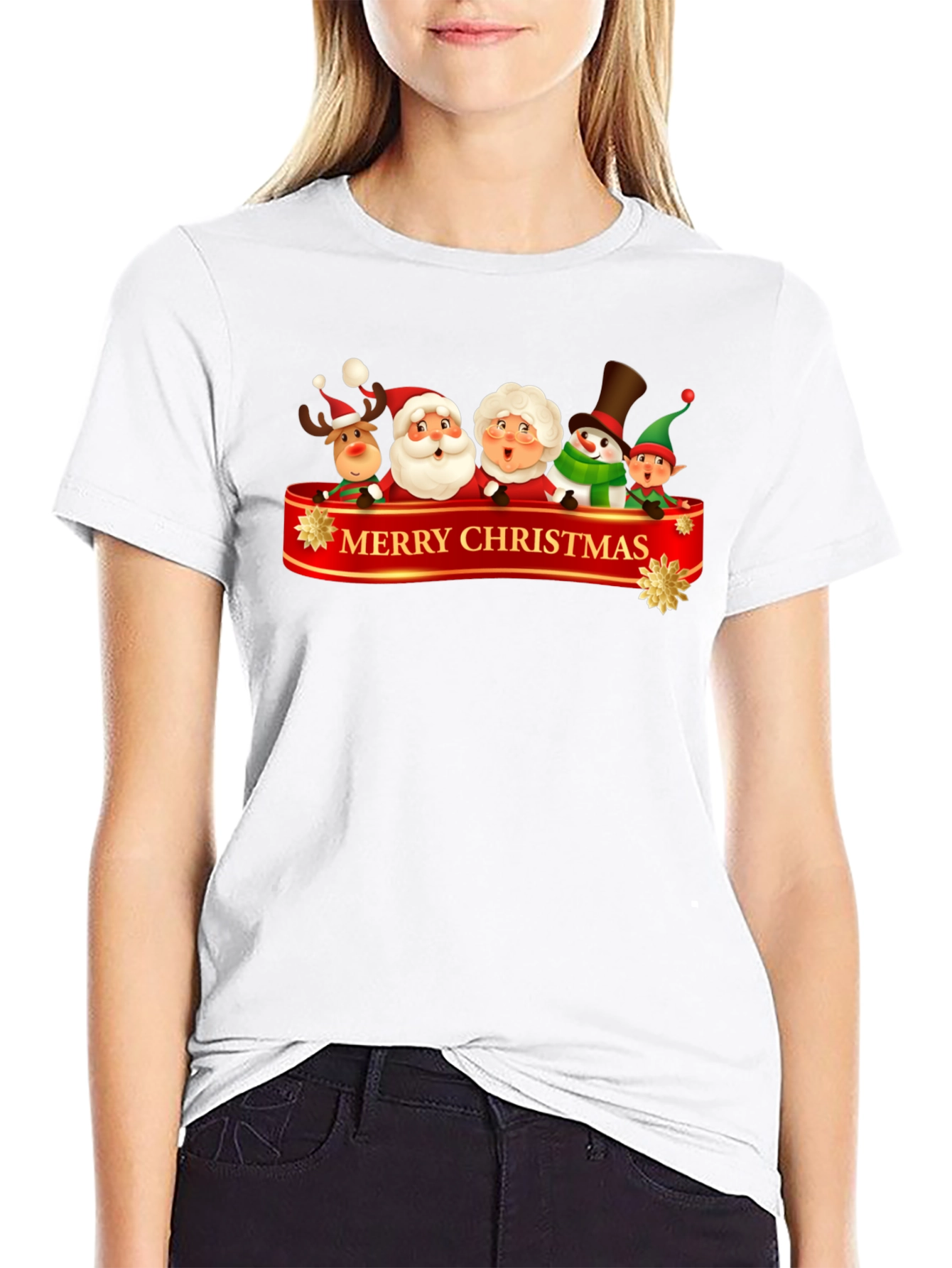 Merry Christmas Cartoon Graphic Black T-Shirt