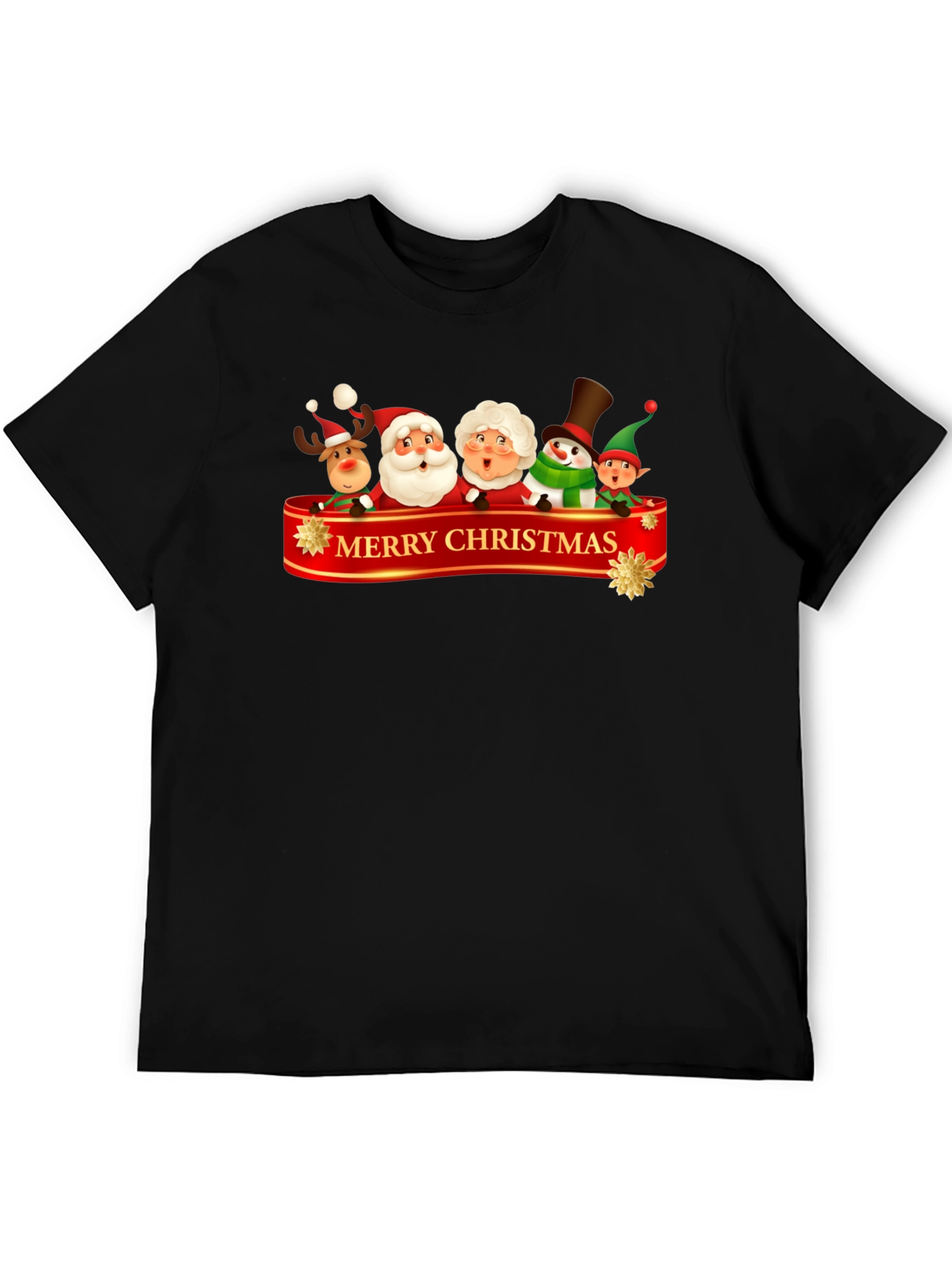 Merry Christmas Cartoon Graphic Black T-Shirt