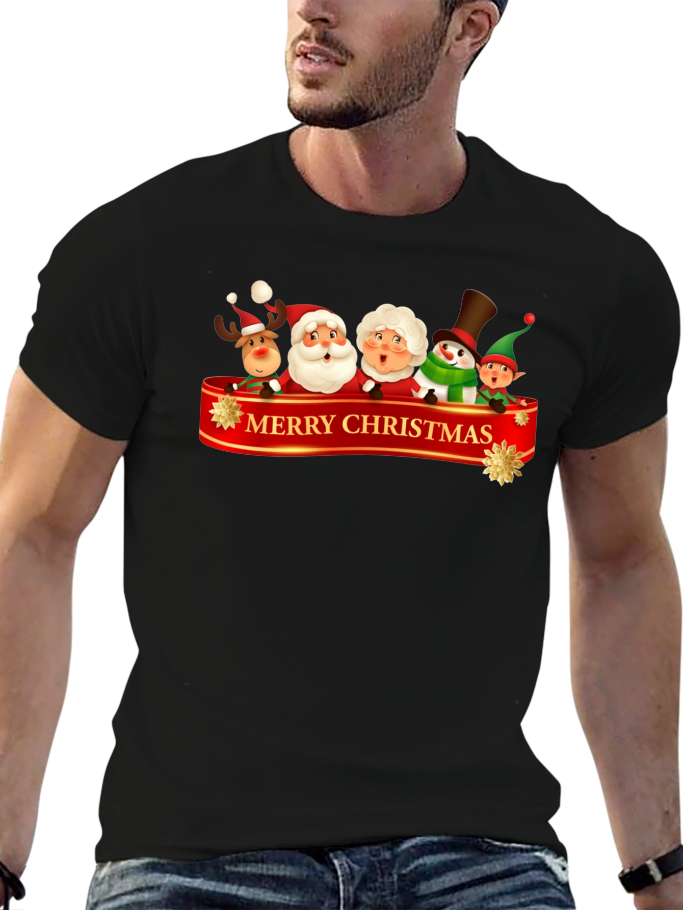 Merry Christmas Cartoon Graphic Black T-Shirt