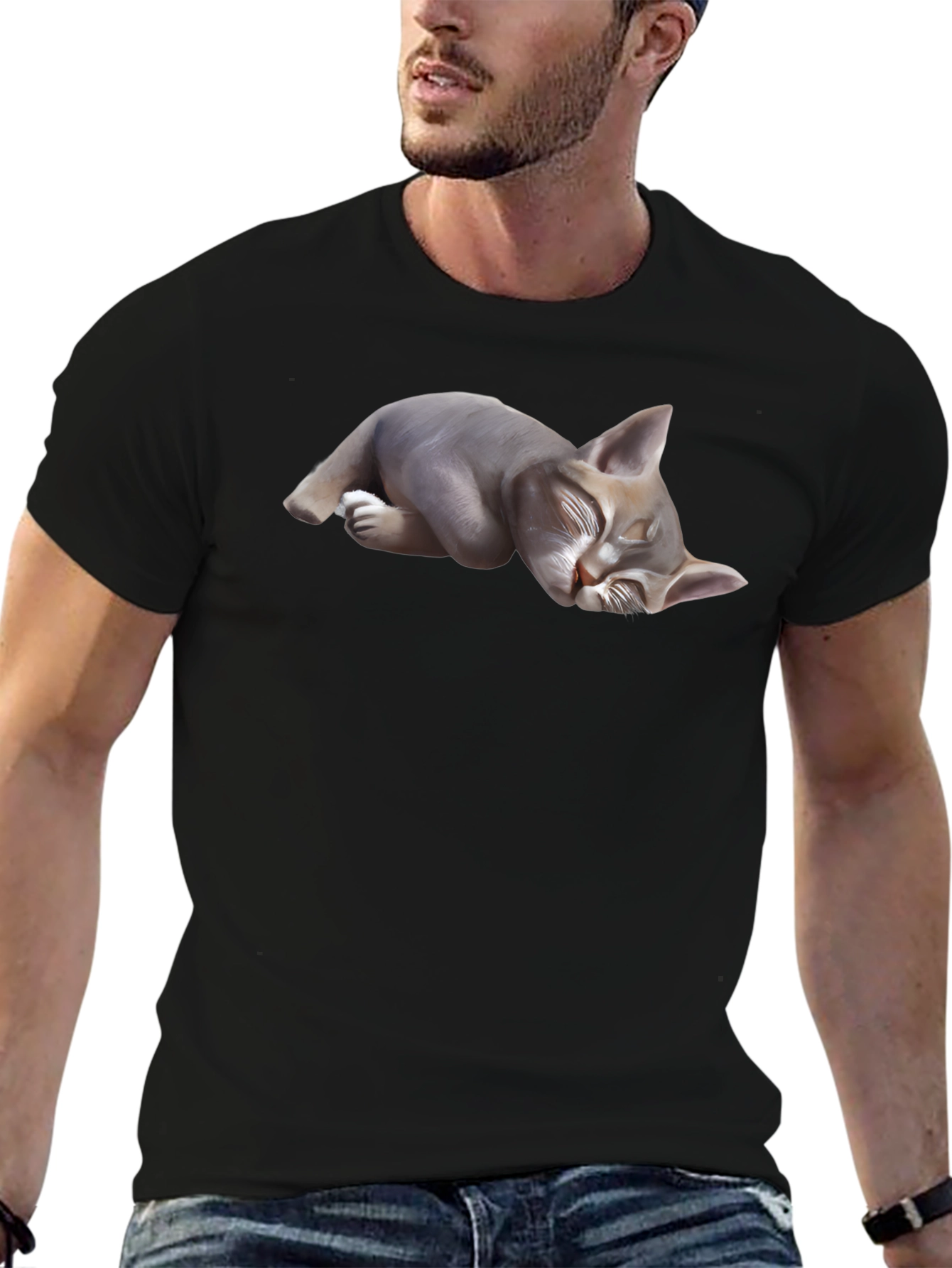 Sleeping Cat Graphic Tee - Black Cotton Blend