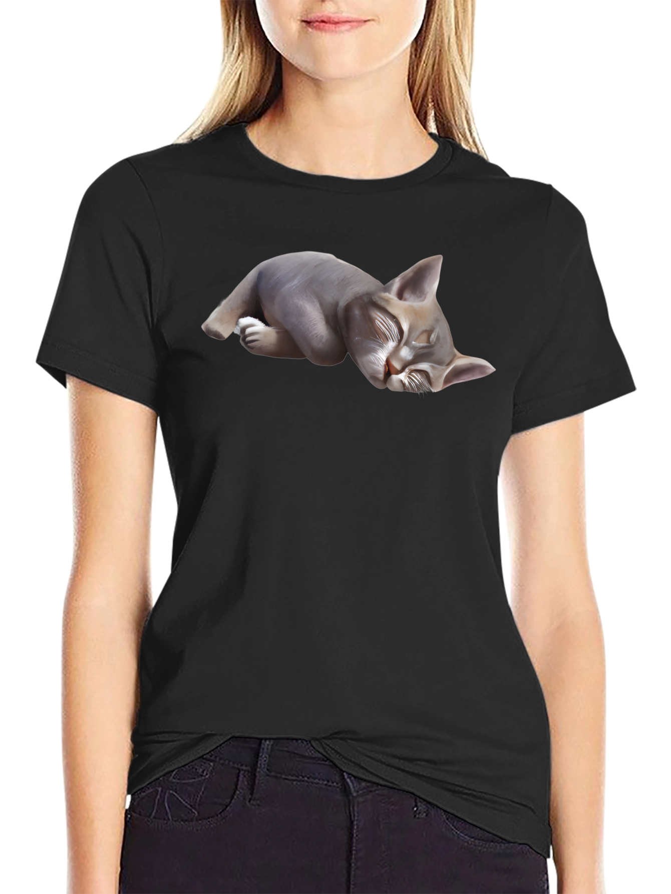 Sleeping Cat Graphic Tee - Black Cotton Blend