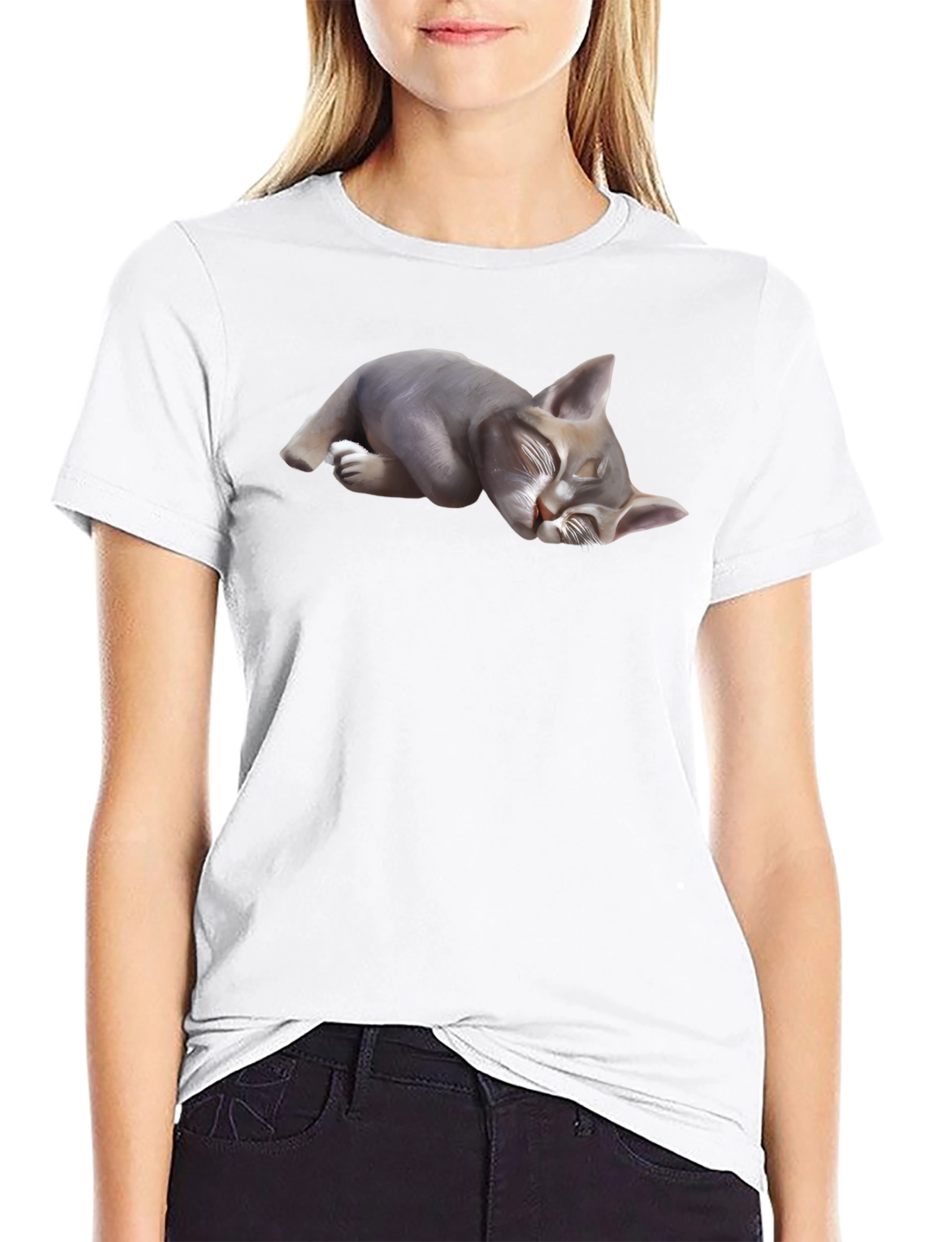 Sleeping Cat Graphic Tee - Black Cotton Blend
