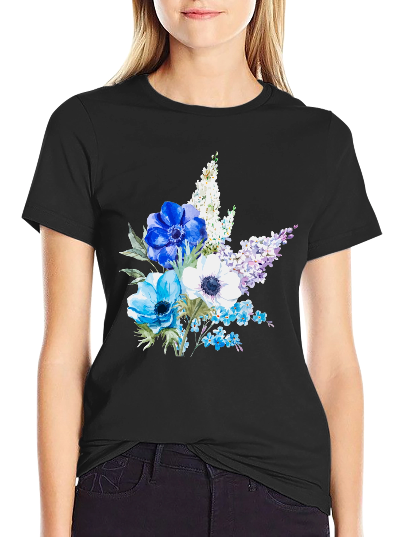 Floral Anemone Print Black T-Shirt