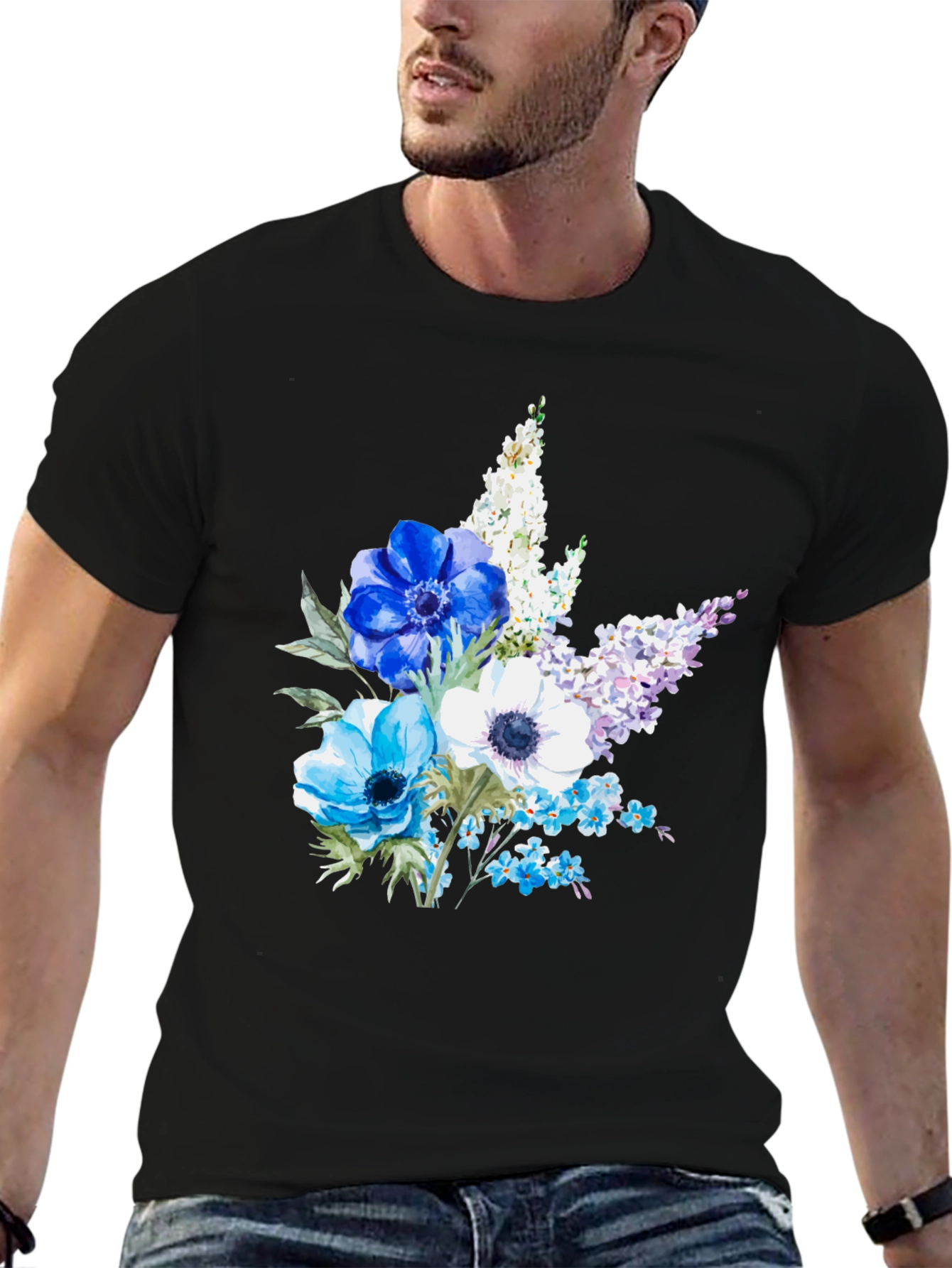 Floral Anemone Print Black T-Shirt