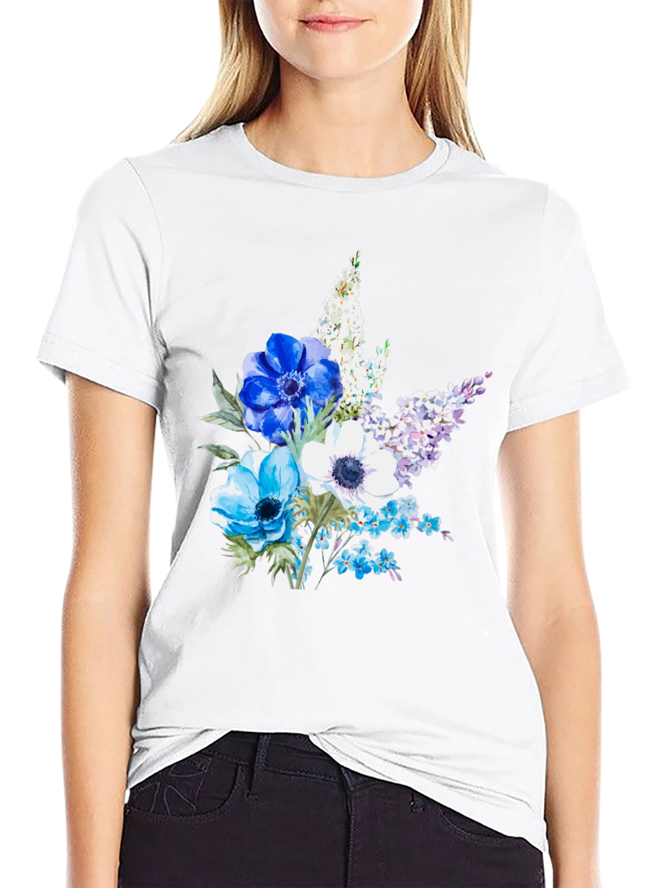 Floral Anemone Print Black T-Shirt