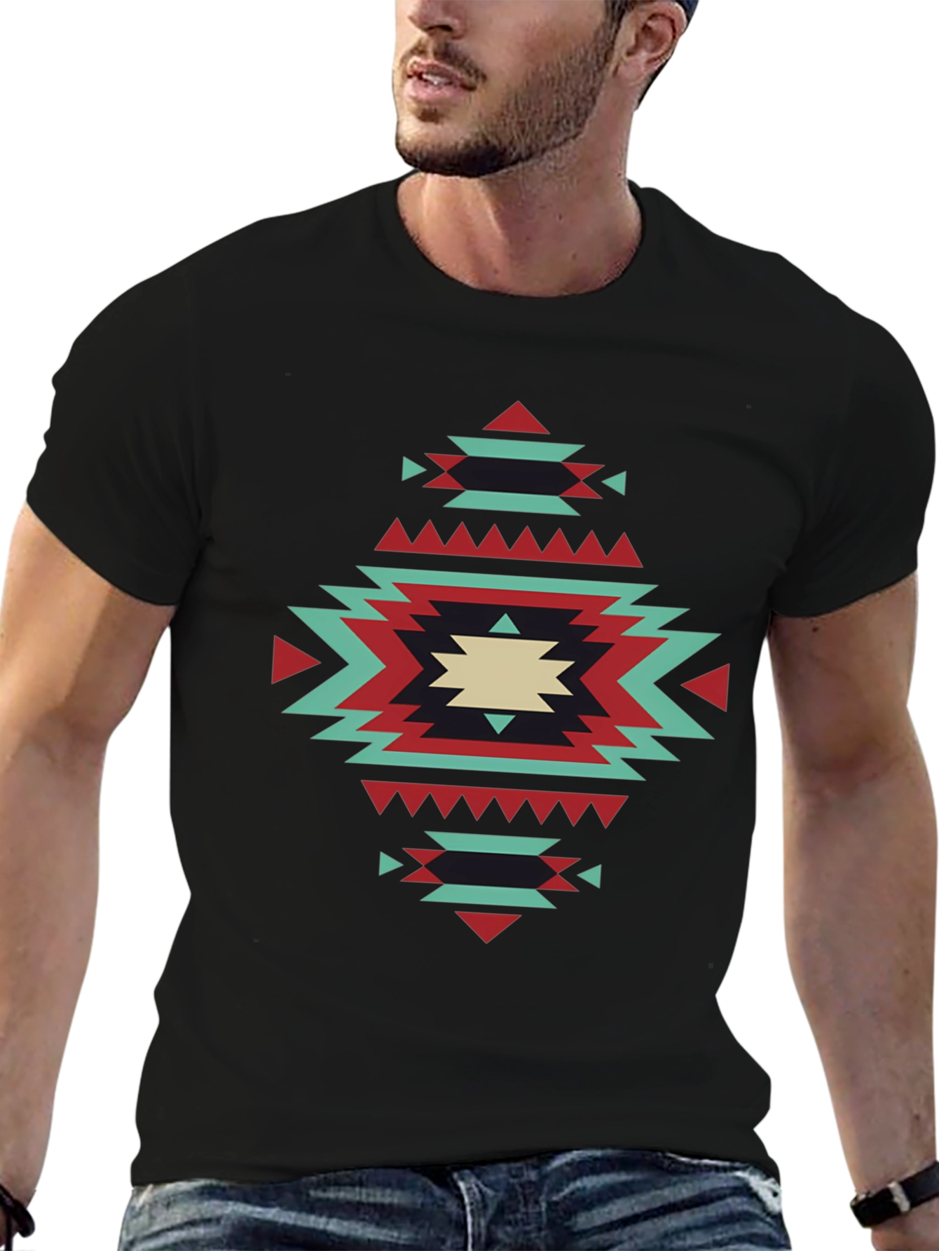 Geometric Aztec Design Black T-Shirt