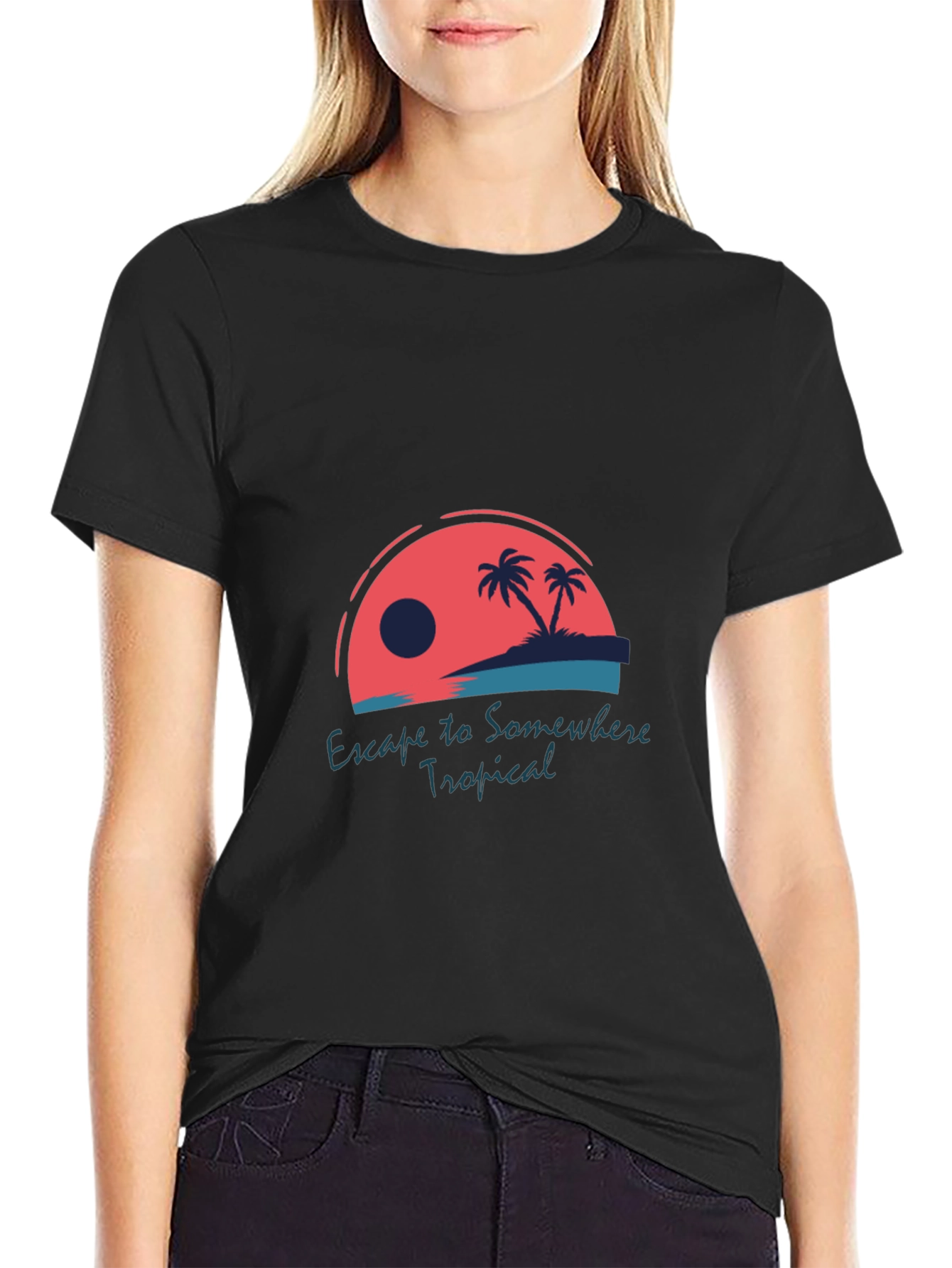 Tropical Escape Graphic Tee - Black Cotton T-Shirt