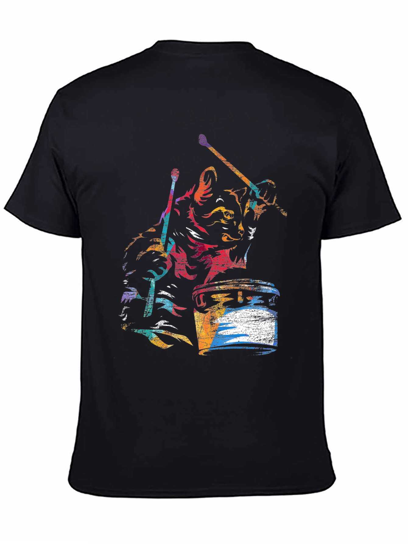Cat Drummer Graphic T-Shirt - Black Cotton Tee