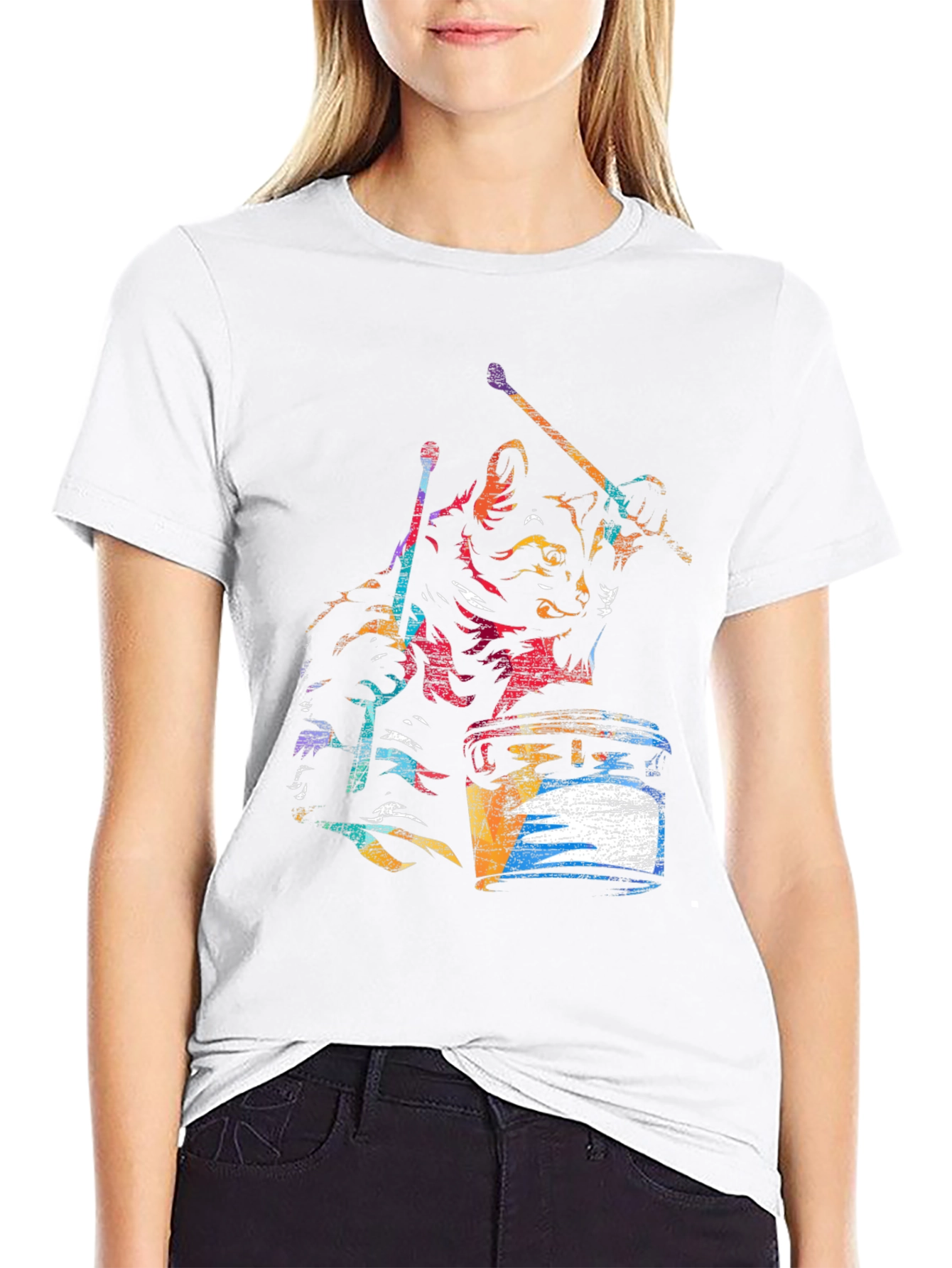 Cat Drummer Graphic T-Shirt - Black Cotton Tee