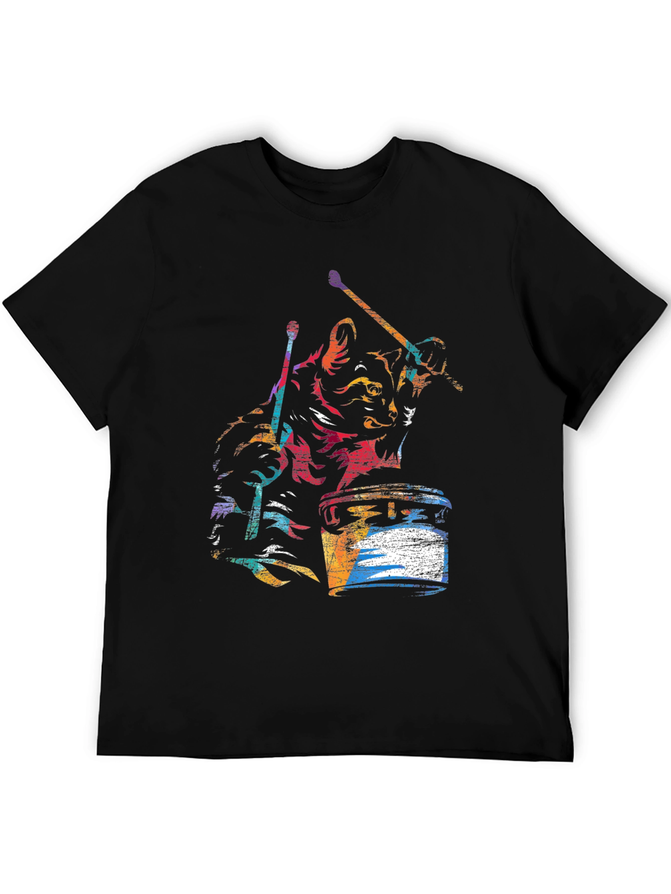 Cat Drummer Graphic T-Shirt - Black Cotton Tee
