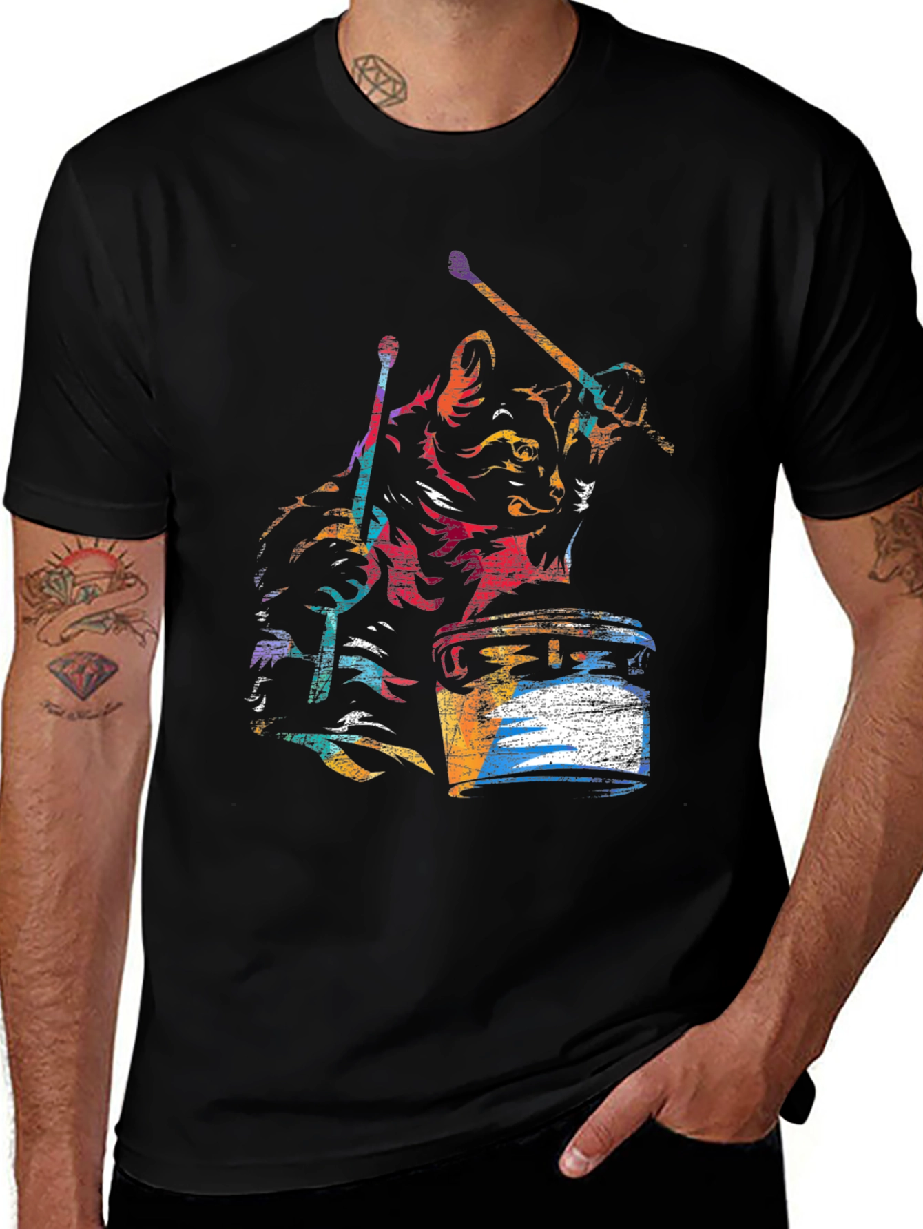 Cat Drummer Graphic T-Shirt - Black Cotton Tee