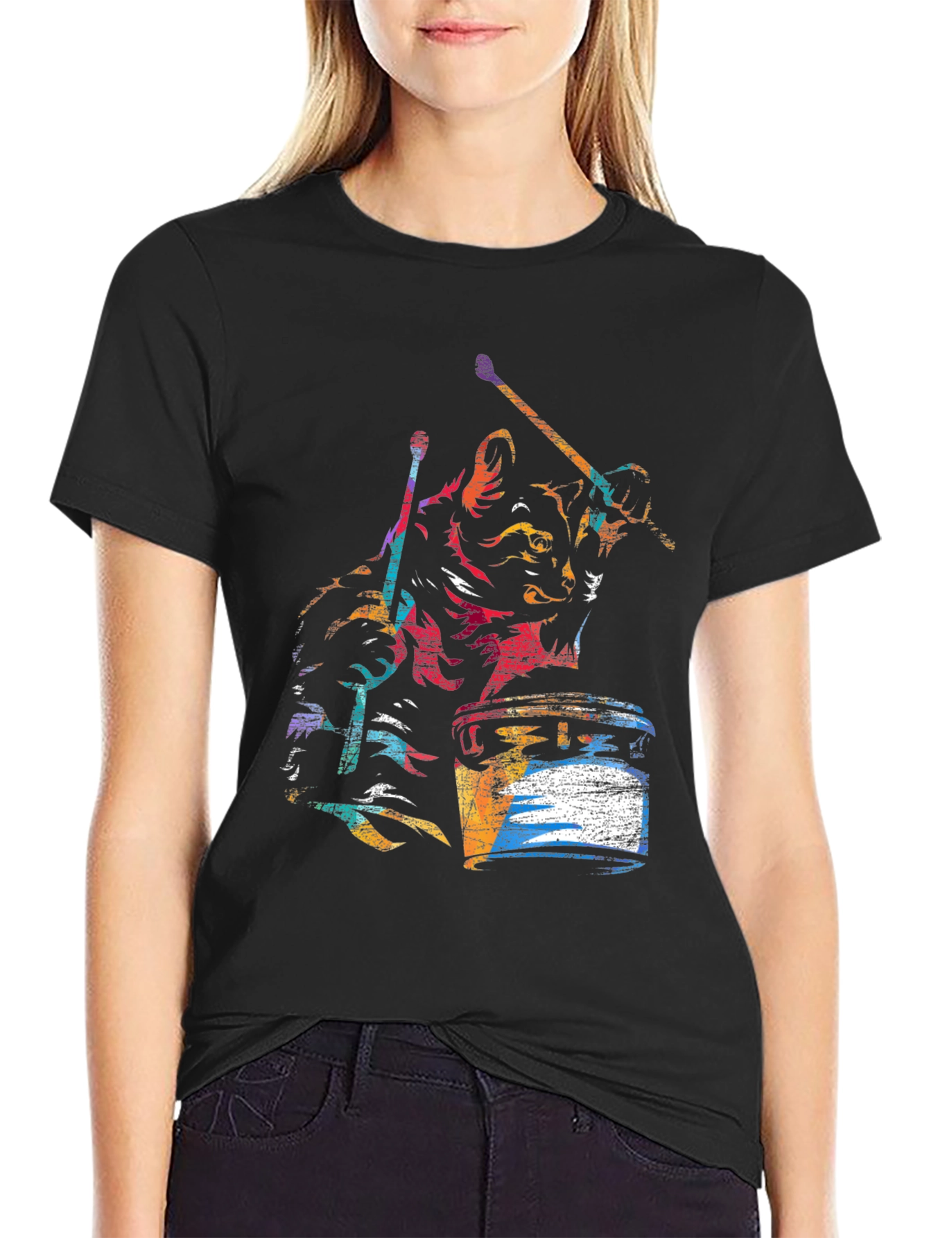 Cat Drummer Graphic T-Shirt - Black Cotton Tee