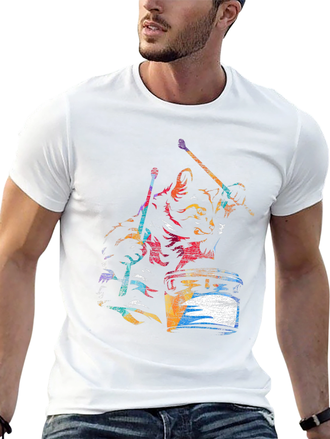 Cat Drummer Graphic T-Shirt - Black Cotton Tee