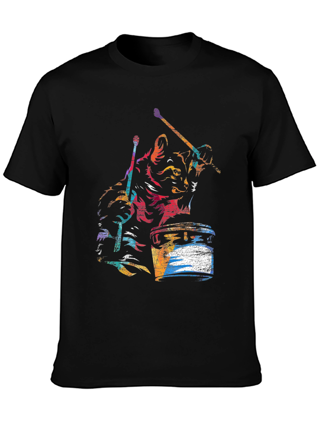 Cat Drummer Graphic T-Shirt - Black Cotton Tee