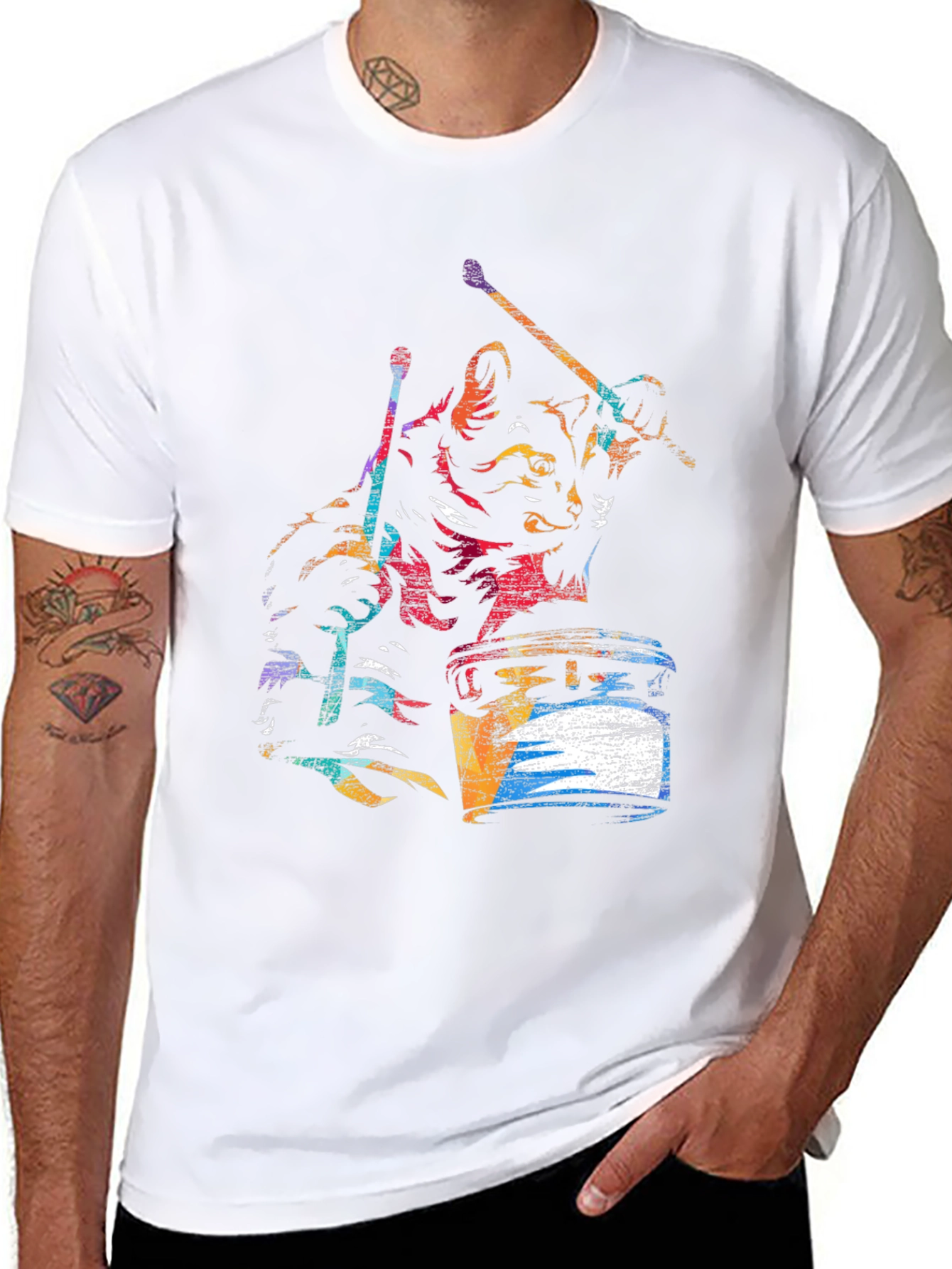 Cat Drummer Graphic T-Shirt - Black Cotton Tee