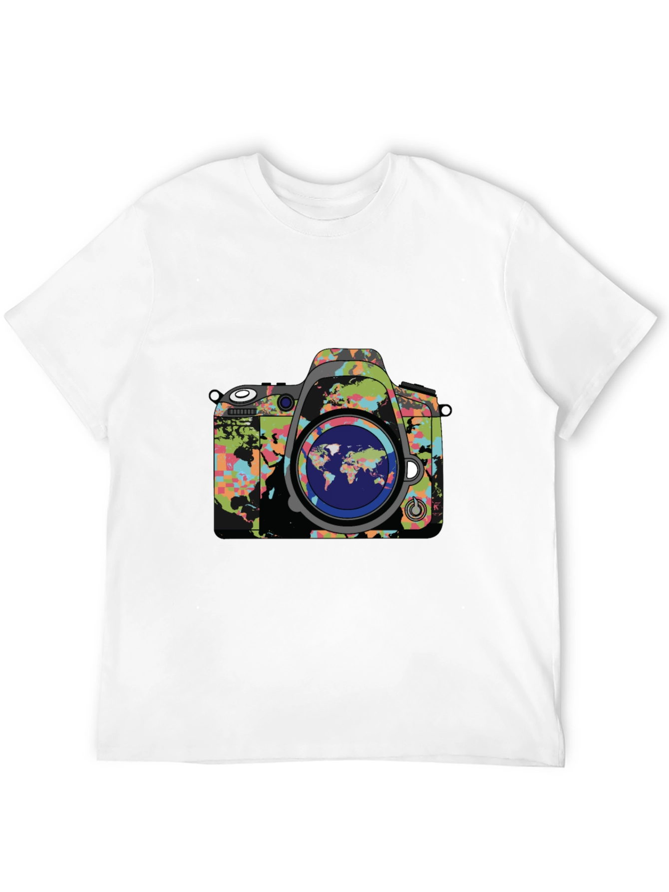 World Map Camera Graphic Print Mens Black T-Shirt