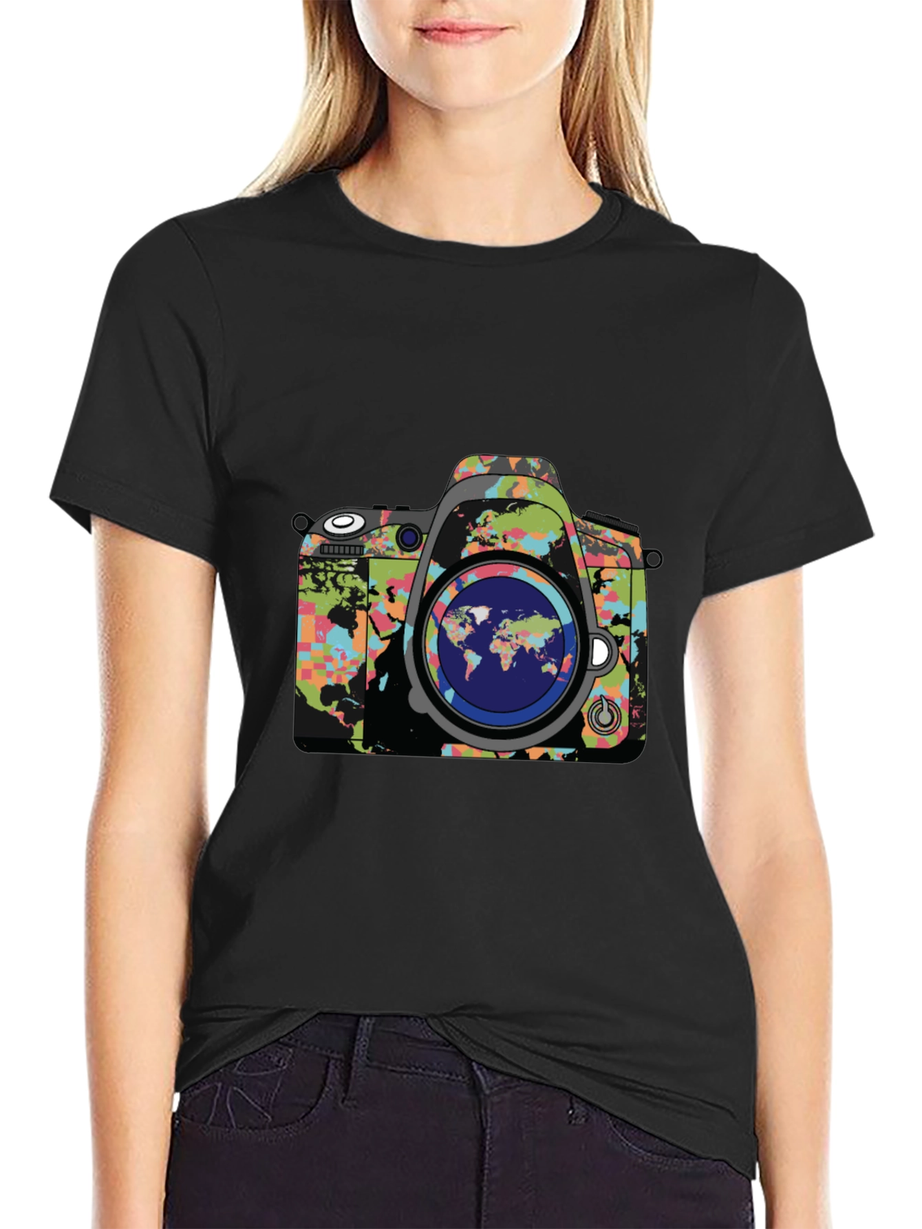 World Map Camera Graphic Print Mens Black T-Shirt