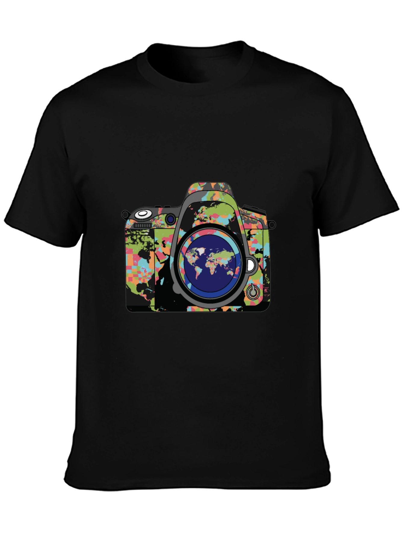 World Map Camera Graphic Print Mens Black T-Shirt