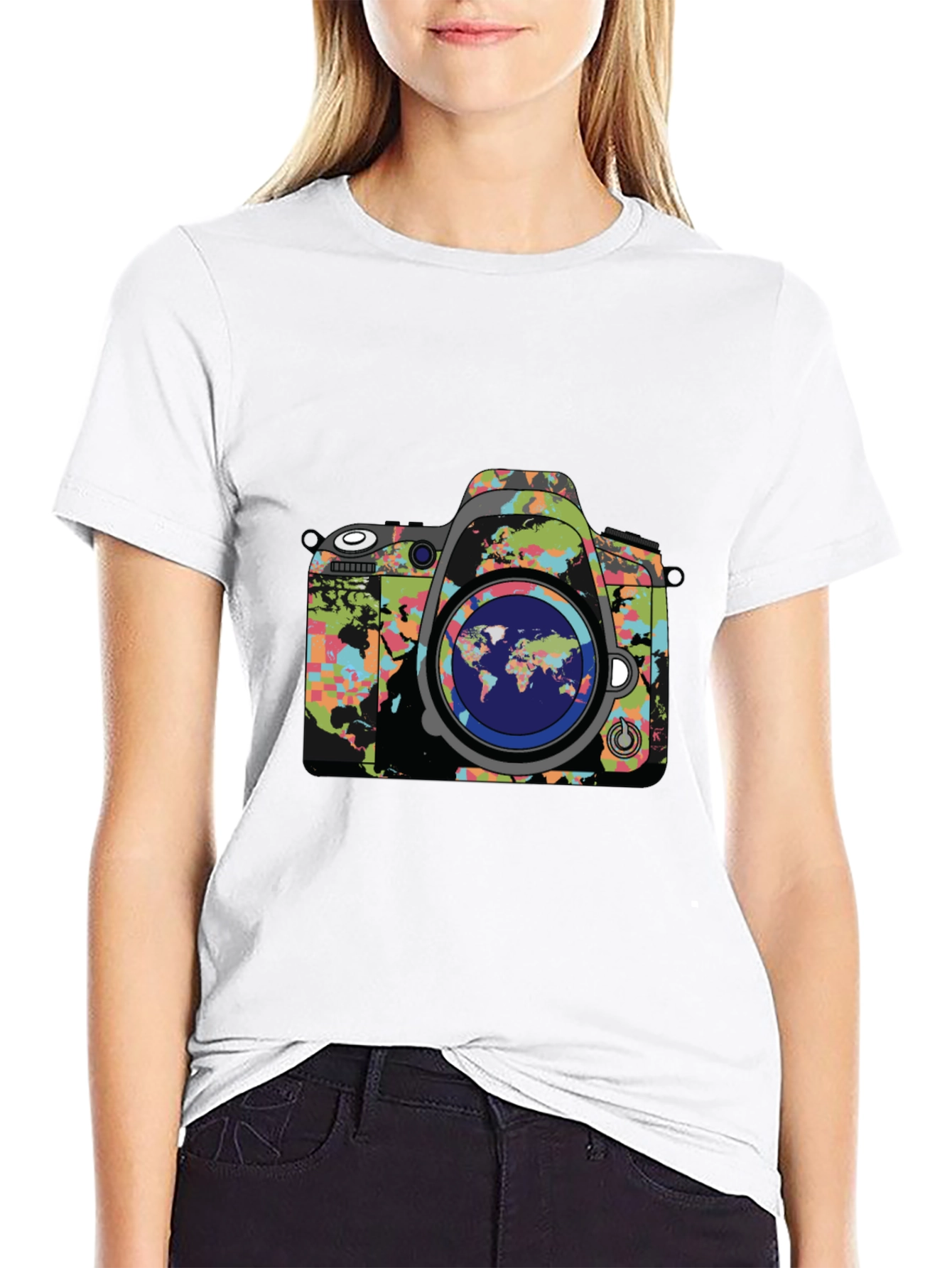 World Map Camera Graphic Print Mens Black T-Shirt