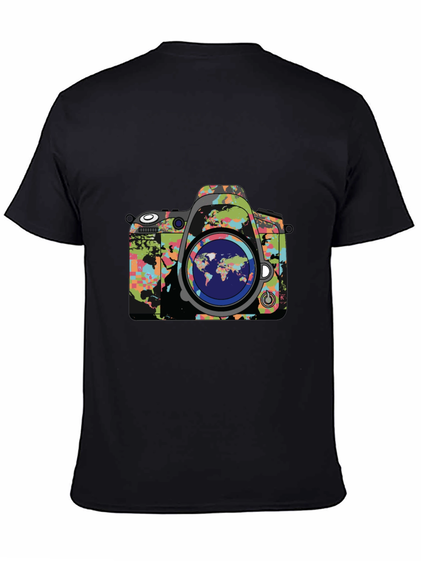 World Map Camera Graphic Print Mens Black T-Shirt