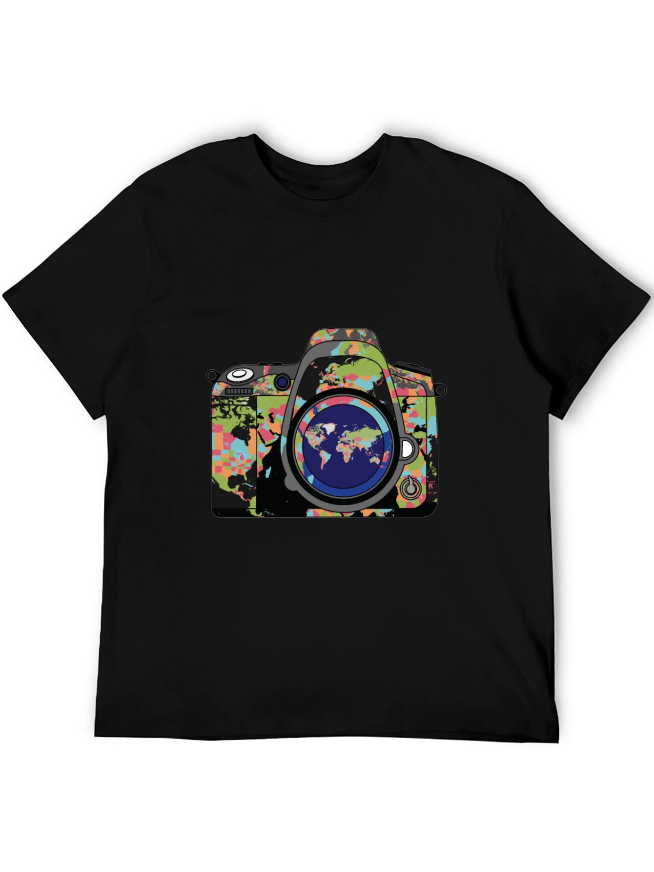 World Map Camera Graphic Print Mens Black T-Shirt