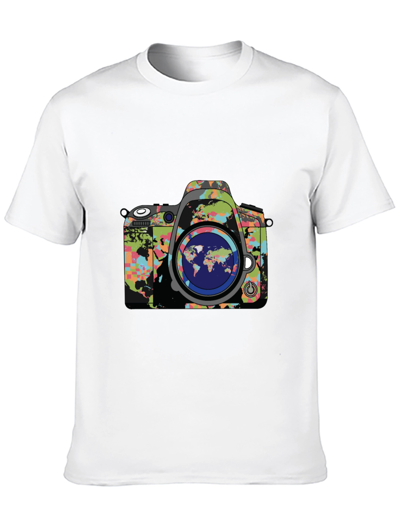 World Map Camera Graphic Print Mens Black T-Shirt