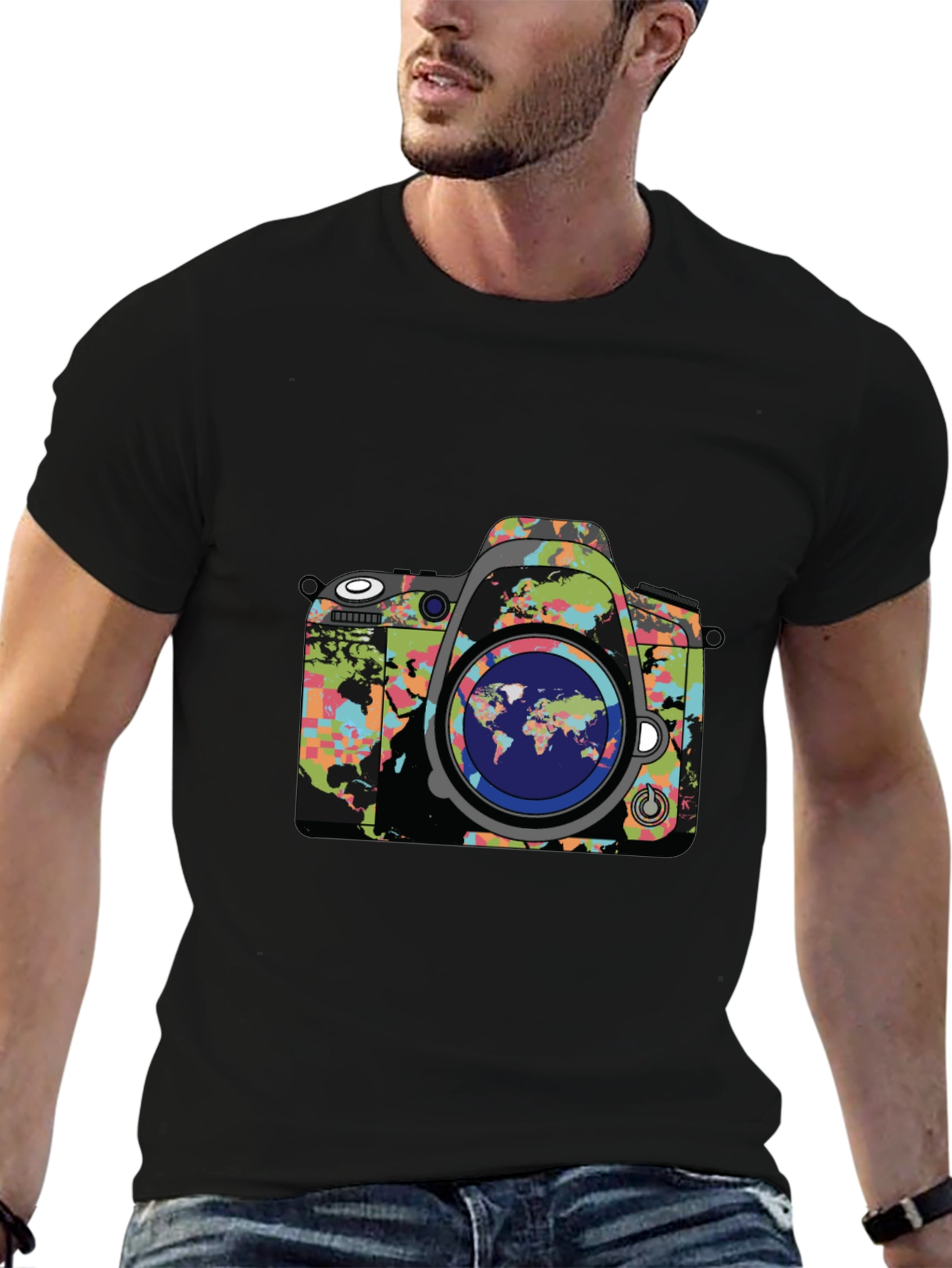 World Map Camera Graphic Print Mens Black T-Shirt