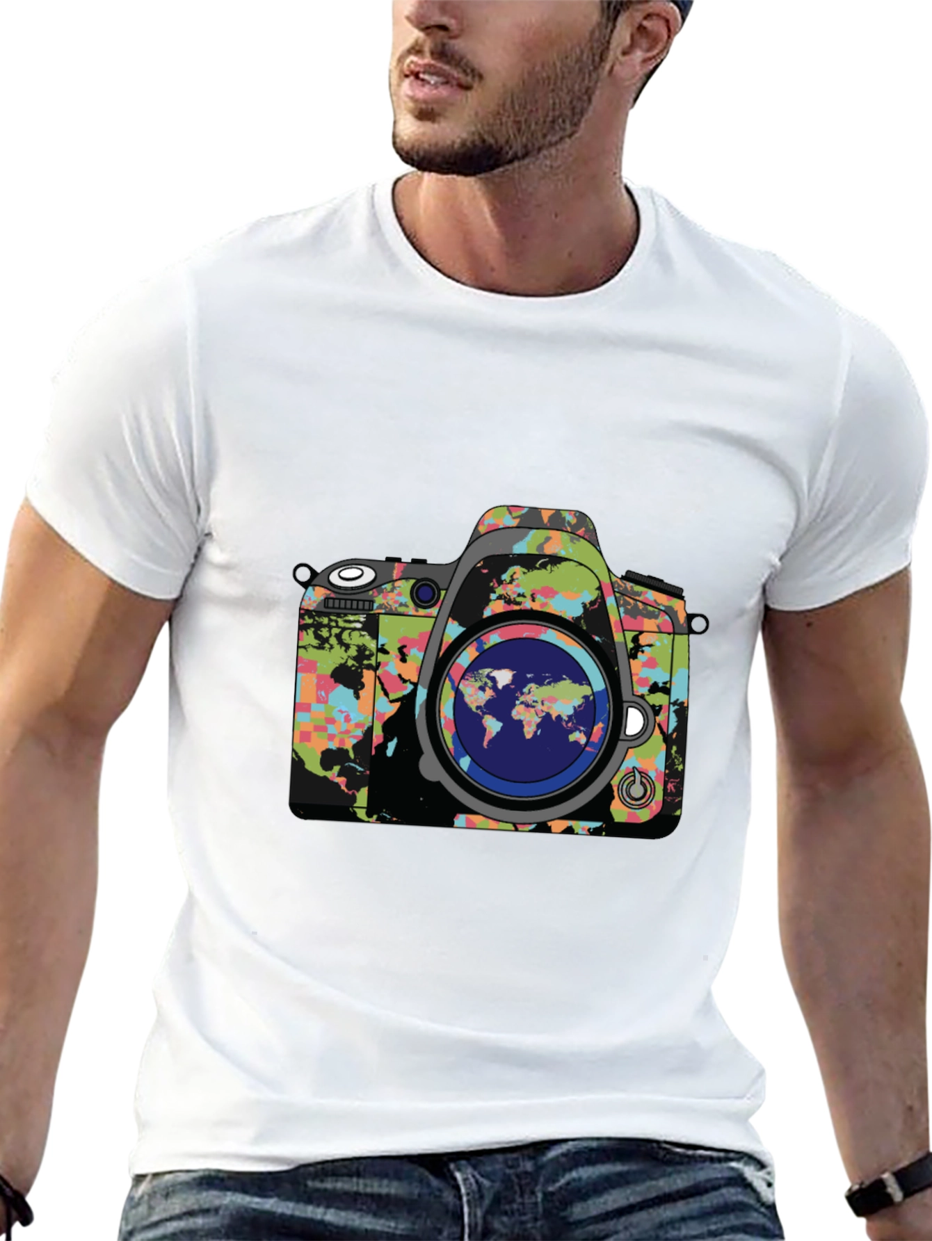 World Map Camera Graphic Print Mens Black T-Shirt