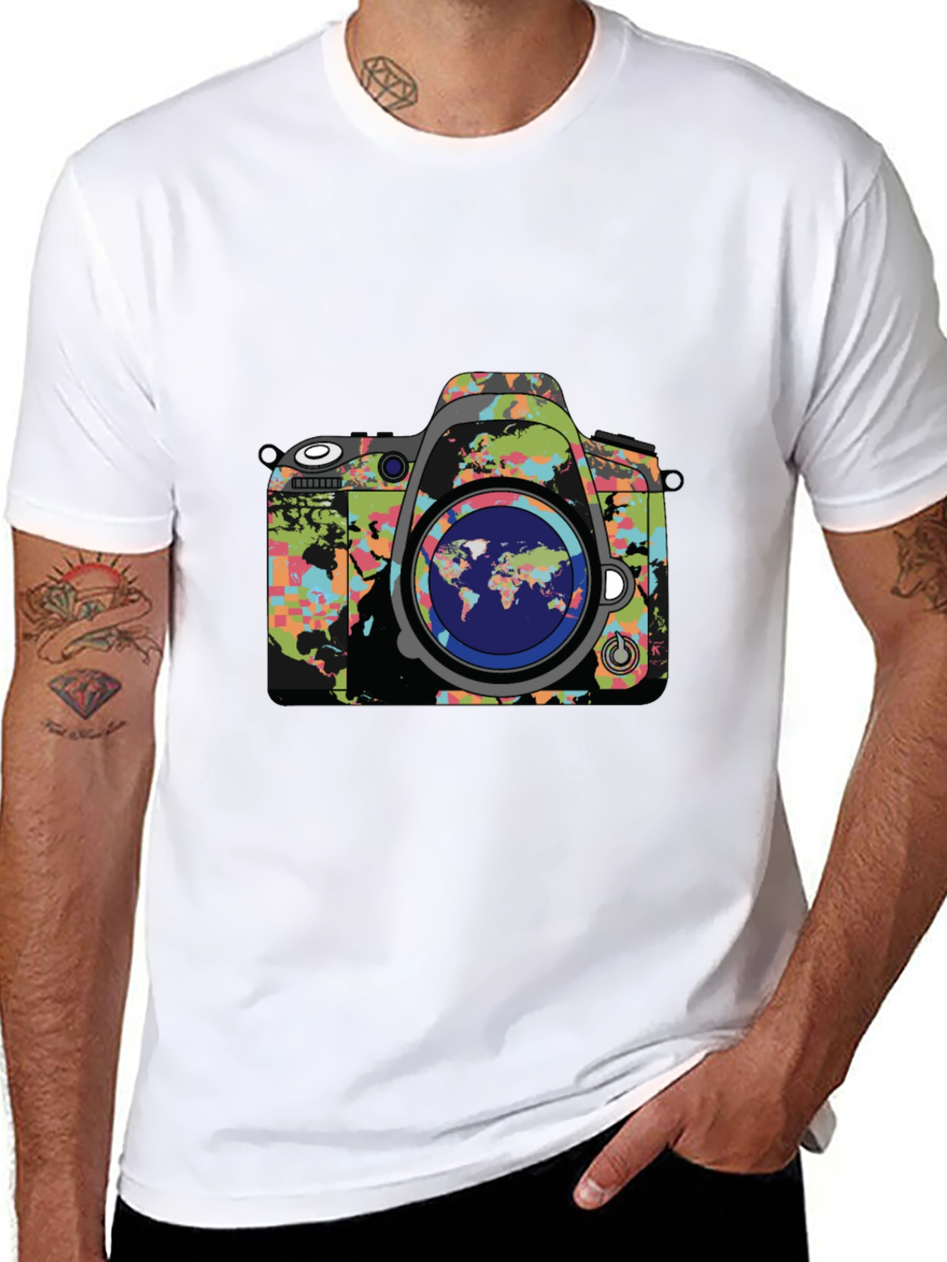 World Map Camera Graphic Print Mens Black T-Shirt