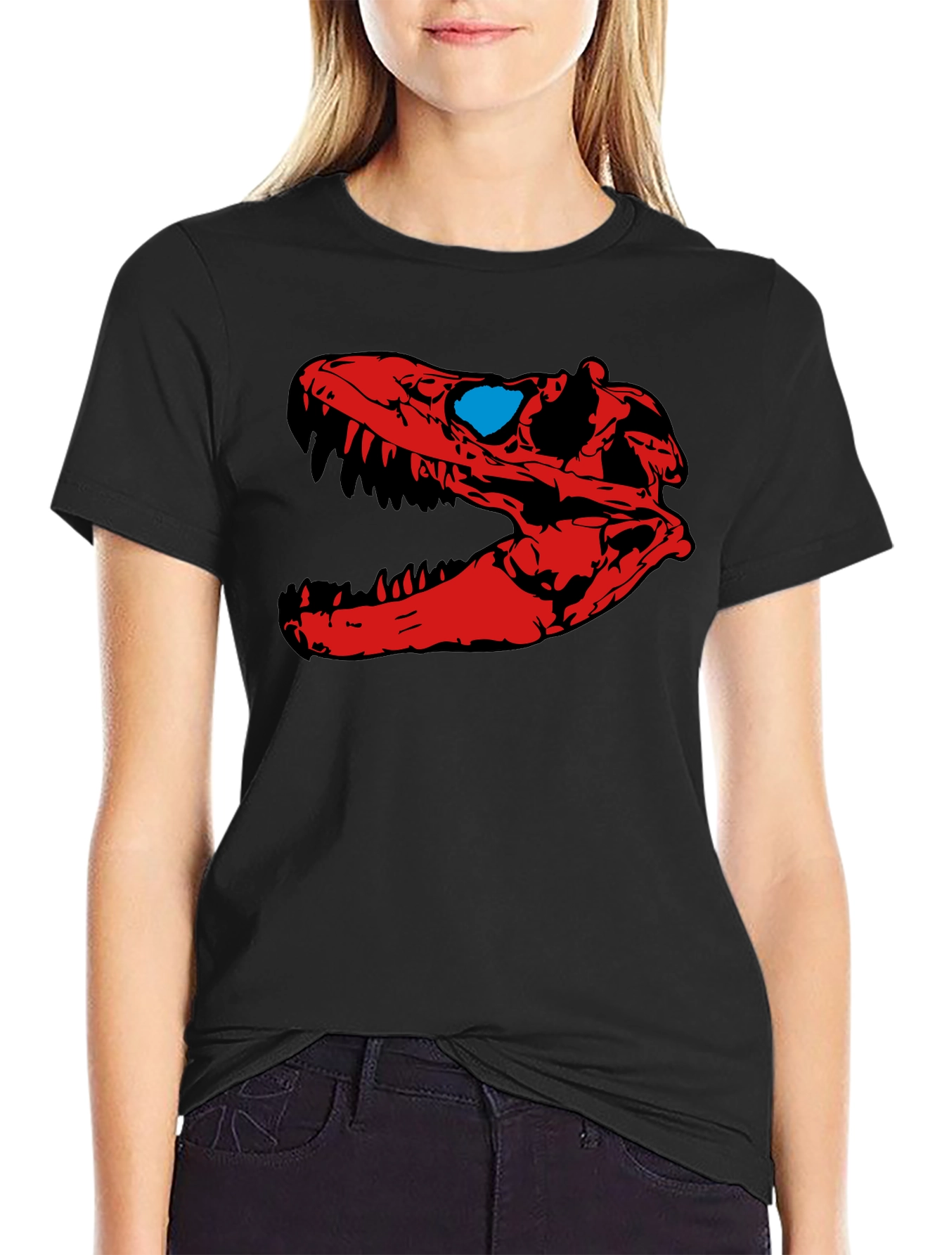 Dino Skull Graphic Tee - Red & Blue Design
