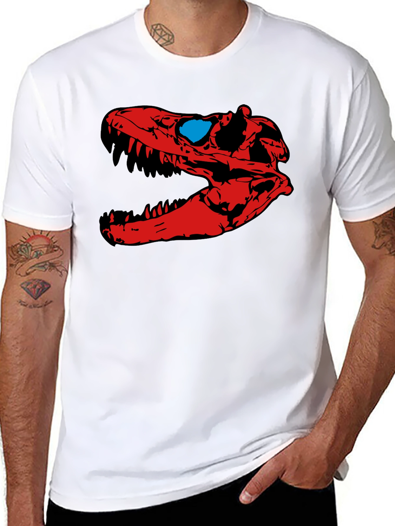 Dino Skull Graphic Tee - Red & Blue Design