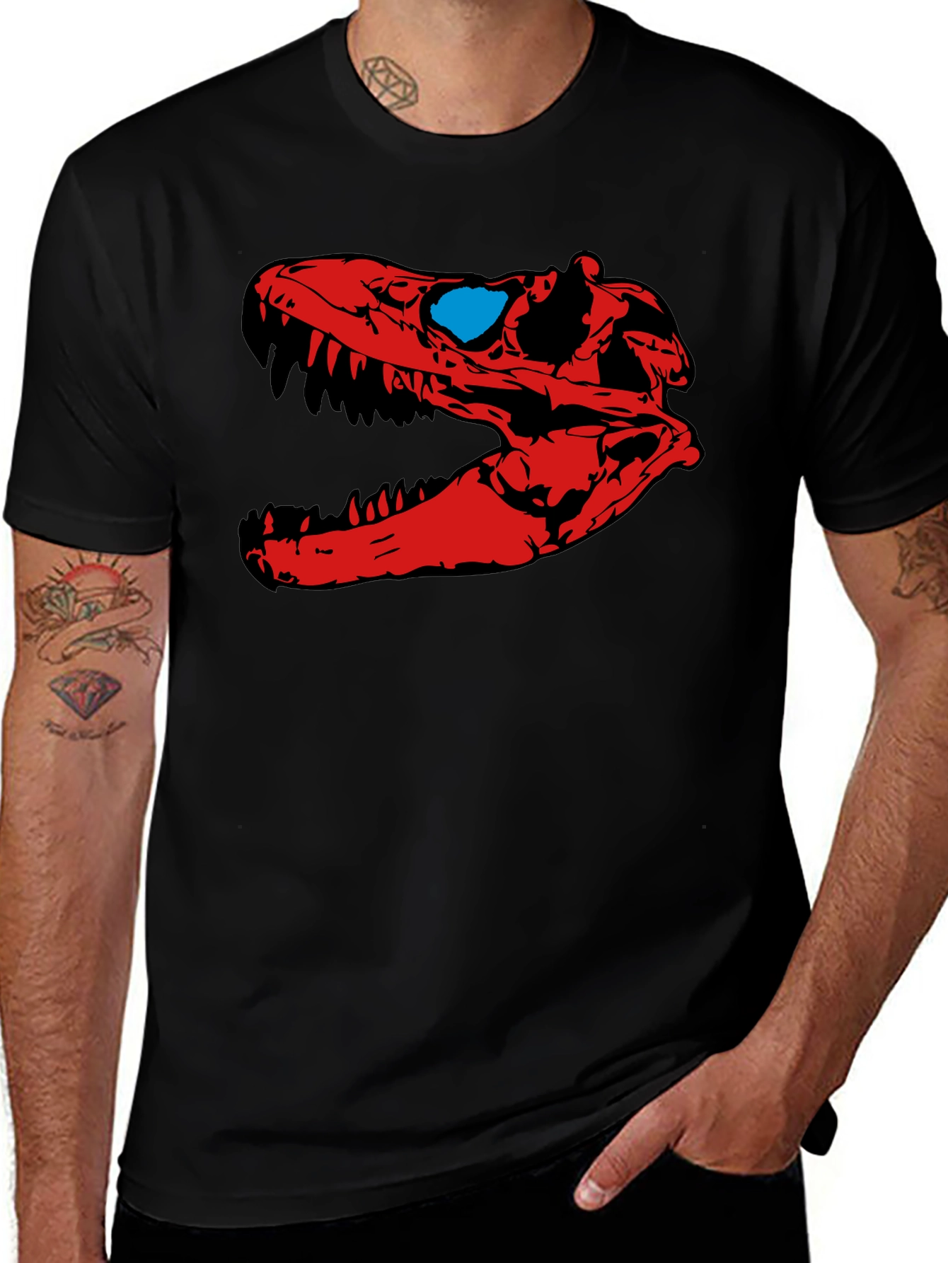 Dino Skull Graphic Tee - Red & Blue Design