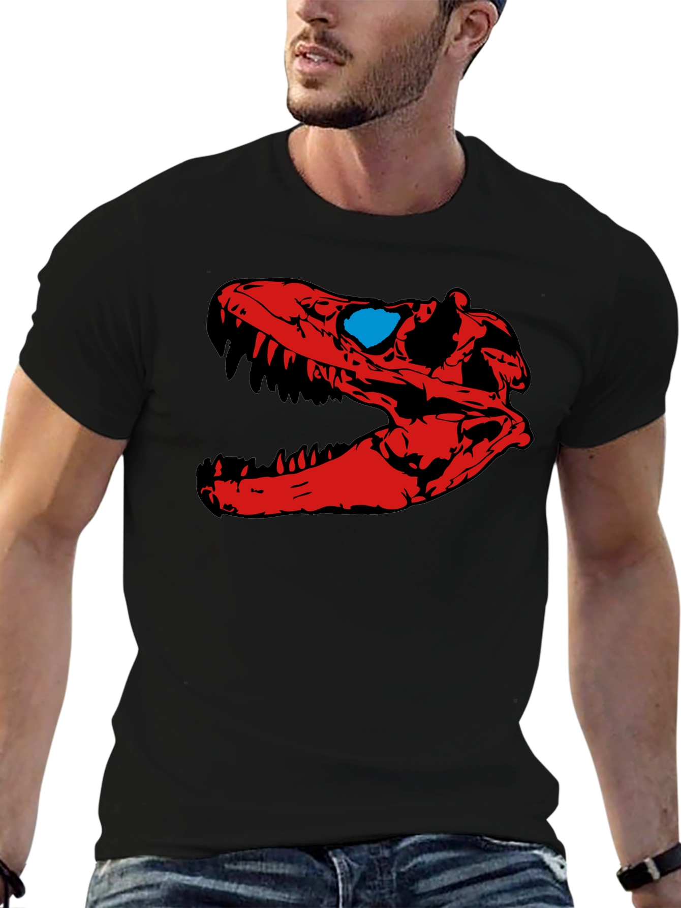 Dino Skull Graphic Tee - Red & Blue Design