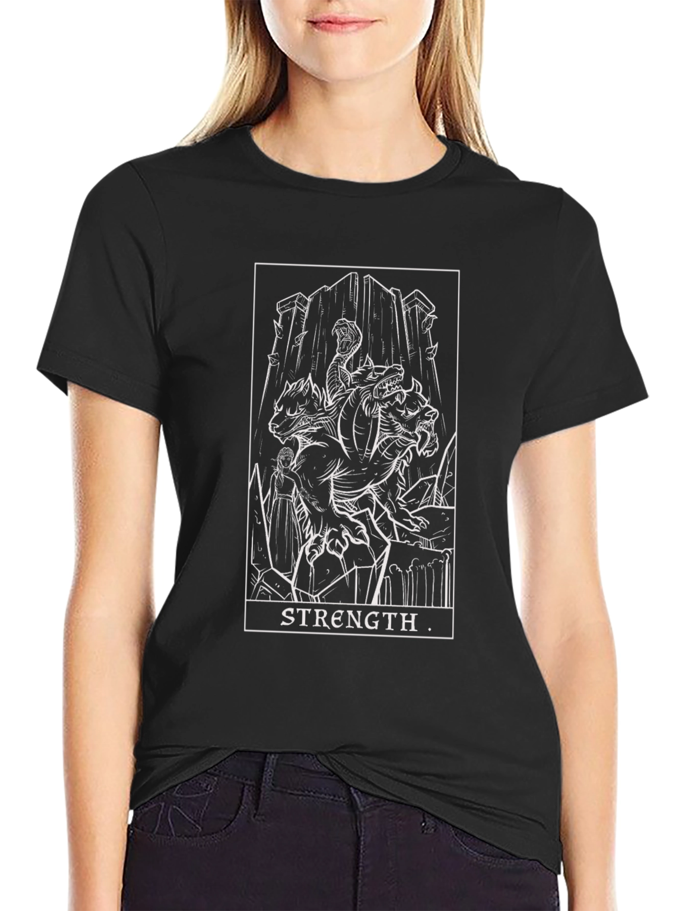 Strength Tarot Card Graphic Print Black T-Shirt