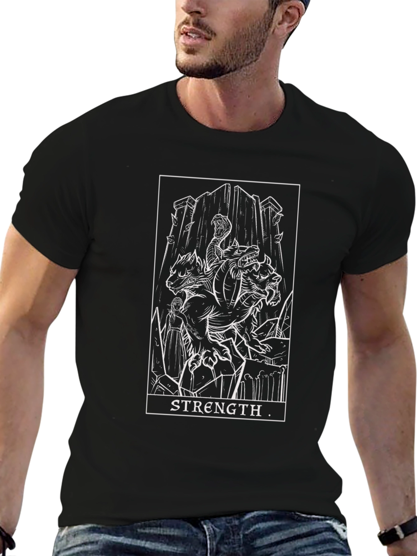 Strength Tarot Card Graphic Print Black T-Shirt