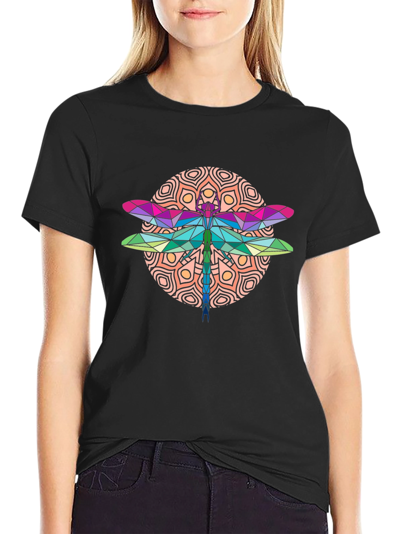 Geometric Dragonfly Graphic Tee - Black