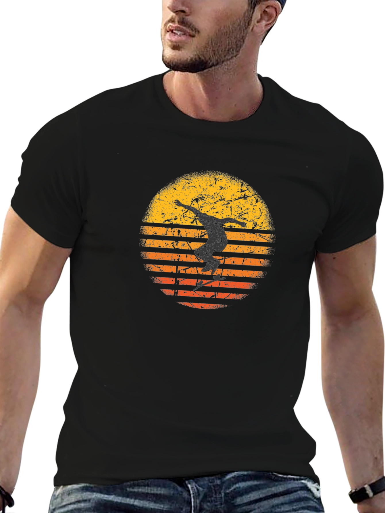 Skateboarder Sunset Graphic Tee - Black Cotton T-Shirt