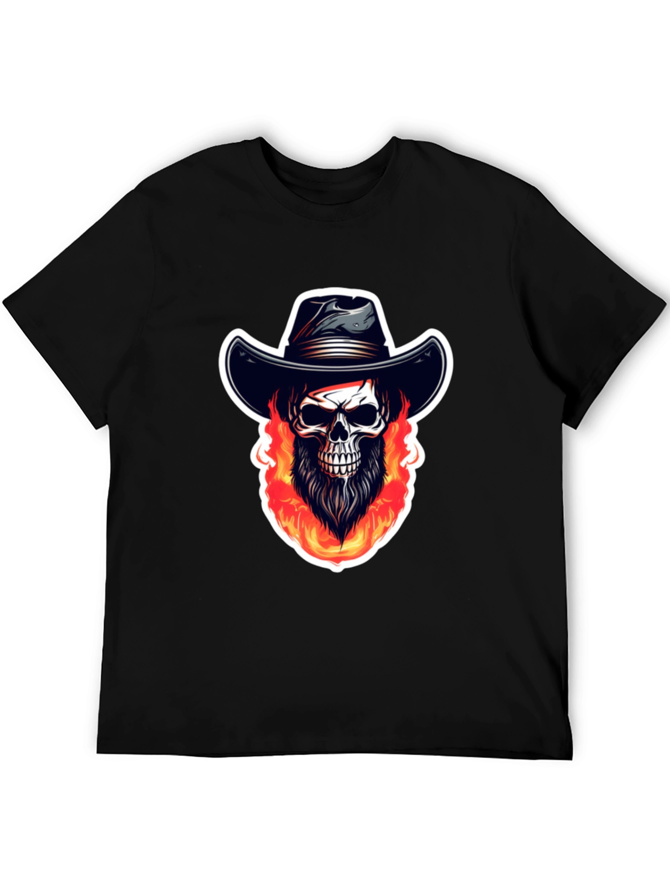 Fiery Skull Cowboy Graphic Tee - Black Cotton Shirt