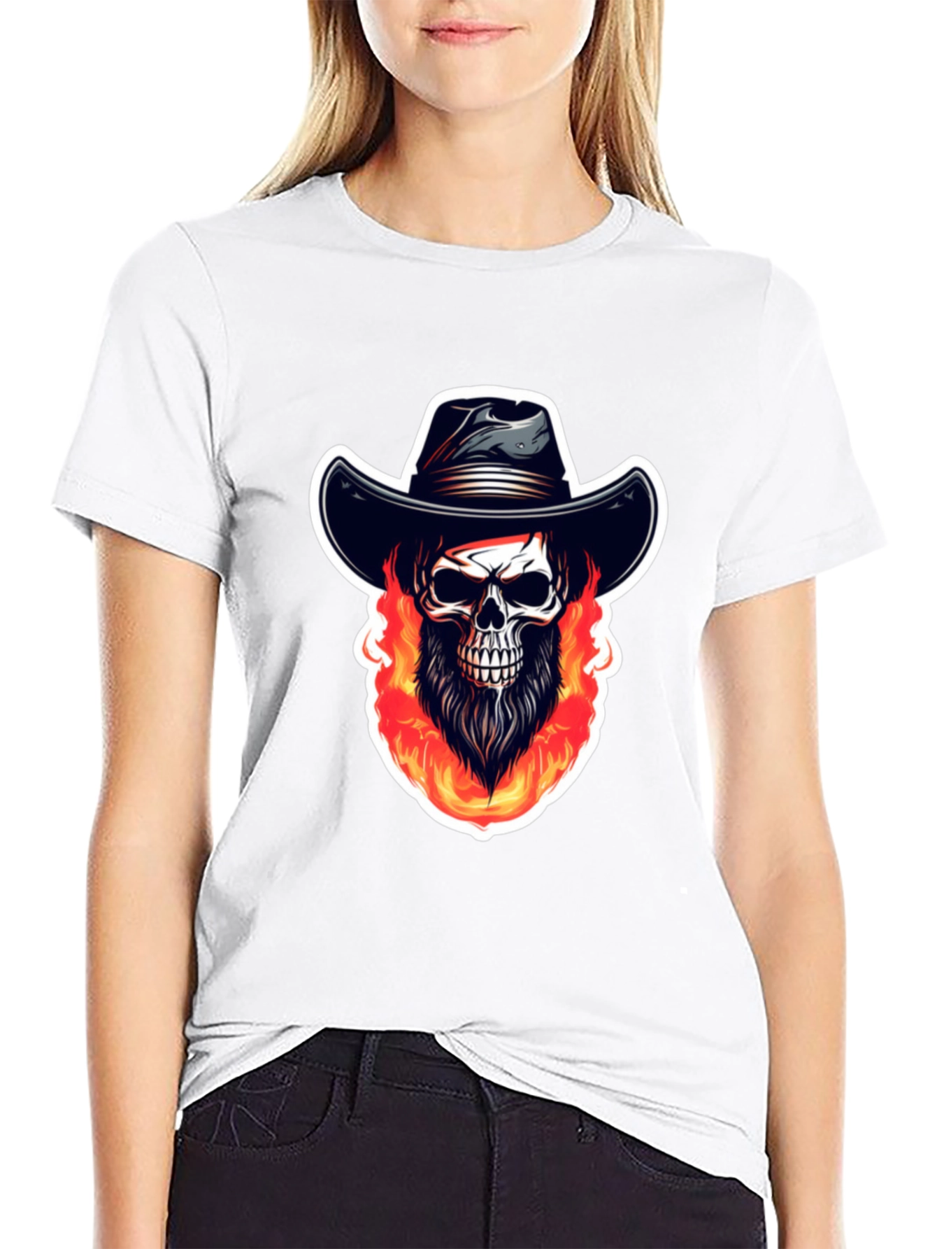 Fiery Skull Cowboy Graphic Tee - Black Cotton Shirt