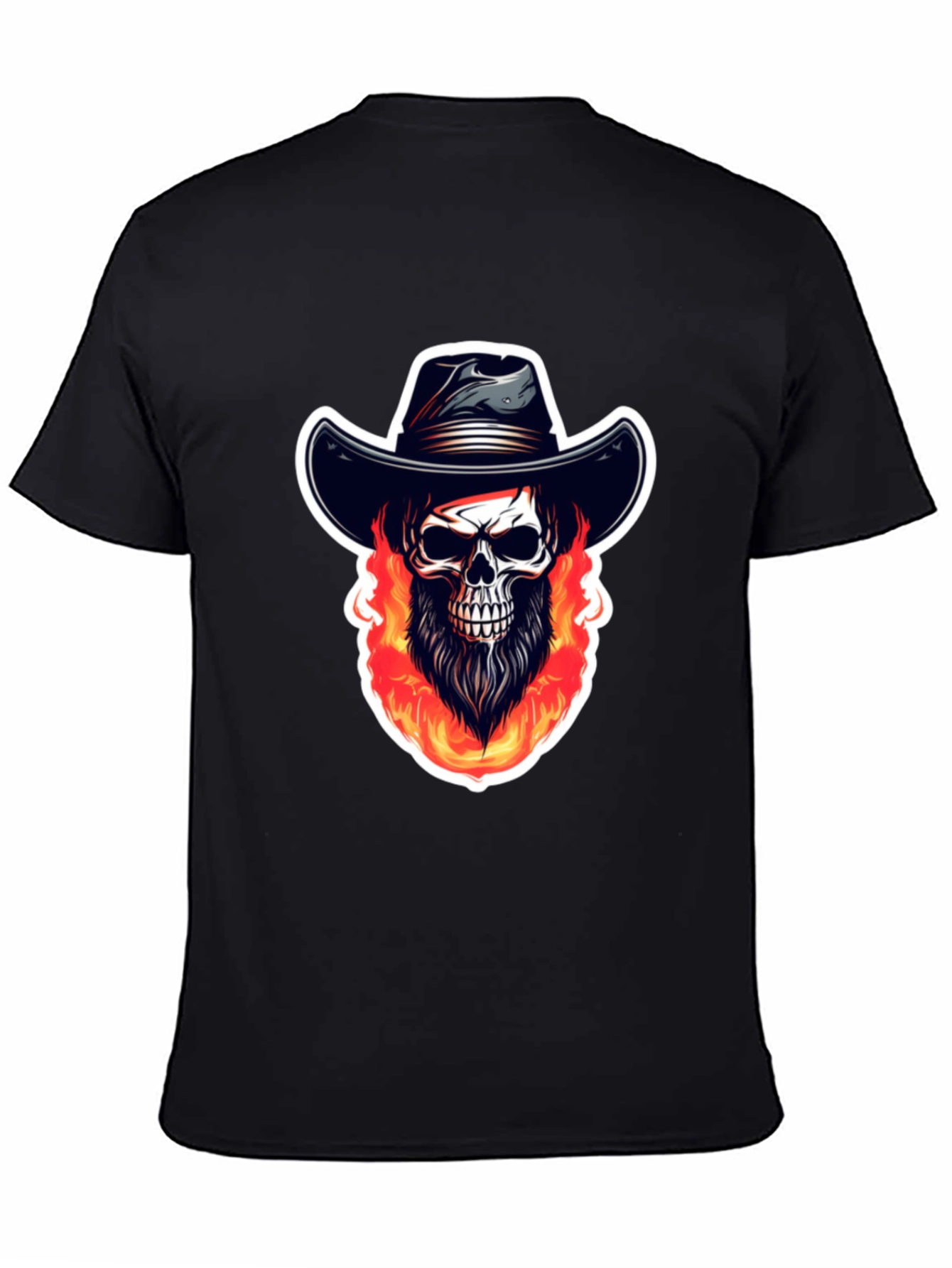 Fiery Skull Cowboy Graphic Tee - Black Cotton Shirt